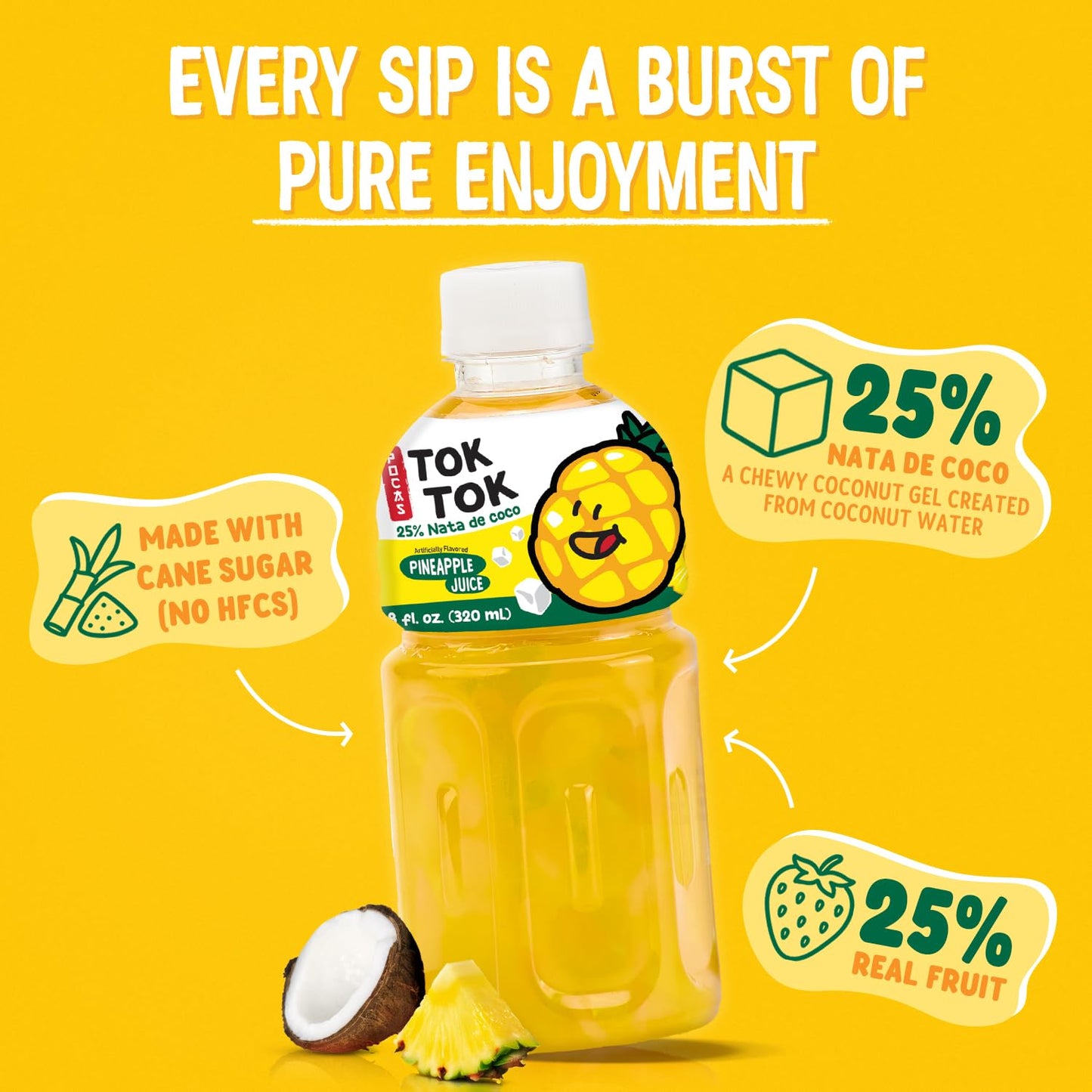 Pocas Toktok Pineapple Juice 12-Pack - Made with Real Fruit & Chewy Nata De Coco, 8 Oz Each