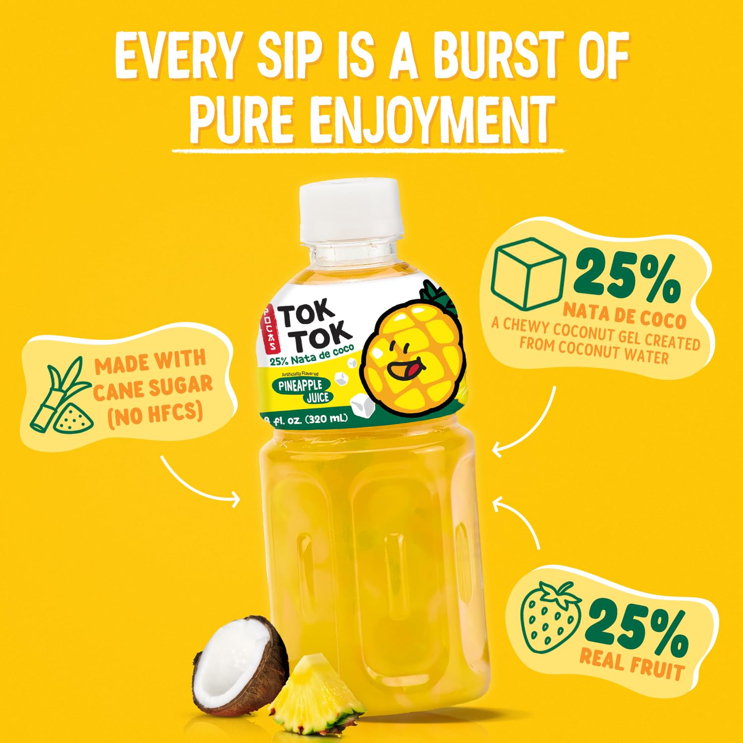 Pocas Toktok Pineapple Juice 12-Pack - Made with Real Fruit & Chewy Nata De Coco, 8 Oz Each