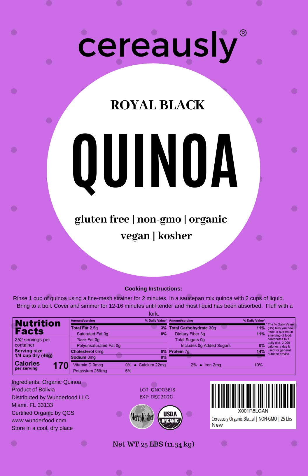CEREAUSLY Organic Black Quinoa - Premium Royal Quinoa from Bolivia - Kosher and Non-GMO Quinoa Bulk - Vegan and Gluten-Fee Cooking Quinoa - 25 LB