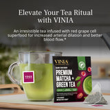 VINIA Premium Matcha + Green Tea Bags, Made with Organic Tea, Infused with Piceid Resveratrol for Heart Health, Nitric Oxide, Physical Energy