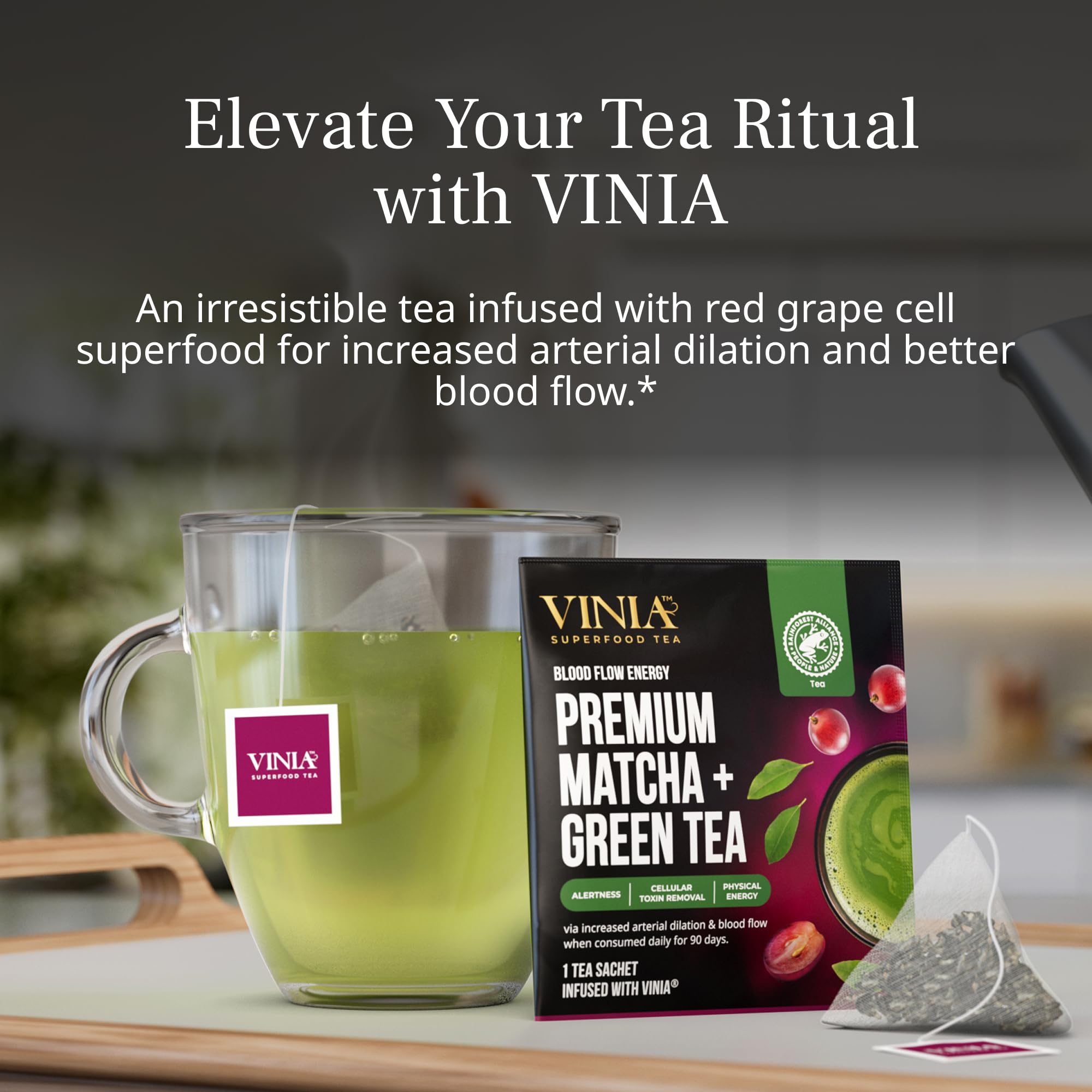 VINIA Premium Matcha + Green Tea Bags, Made with Organic Tea, Infused with Piceid Resveratrol for Heart Health, Nitric Oxide, Physical Energy