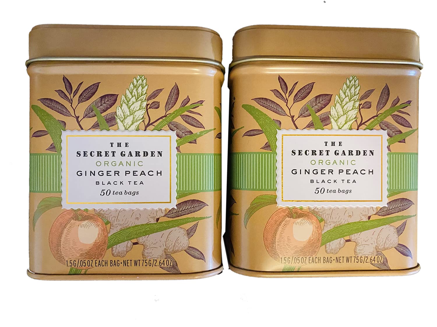 The Secret Garden Organic Tea 2.64 Oz Pack Of 2! 100 Tea Bags Ginger Peach Flavored Black Tea! Herbal Blends Healthy Drink Tea! (Ginger Peach)