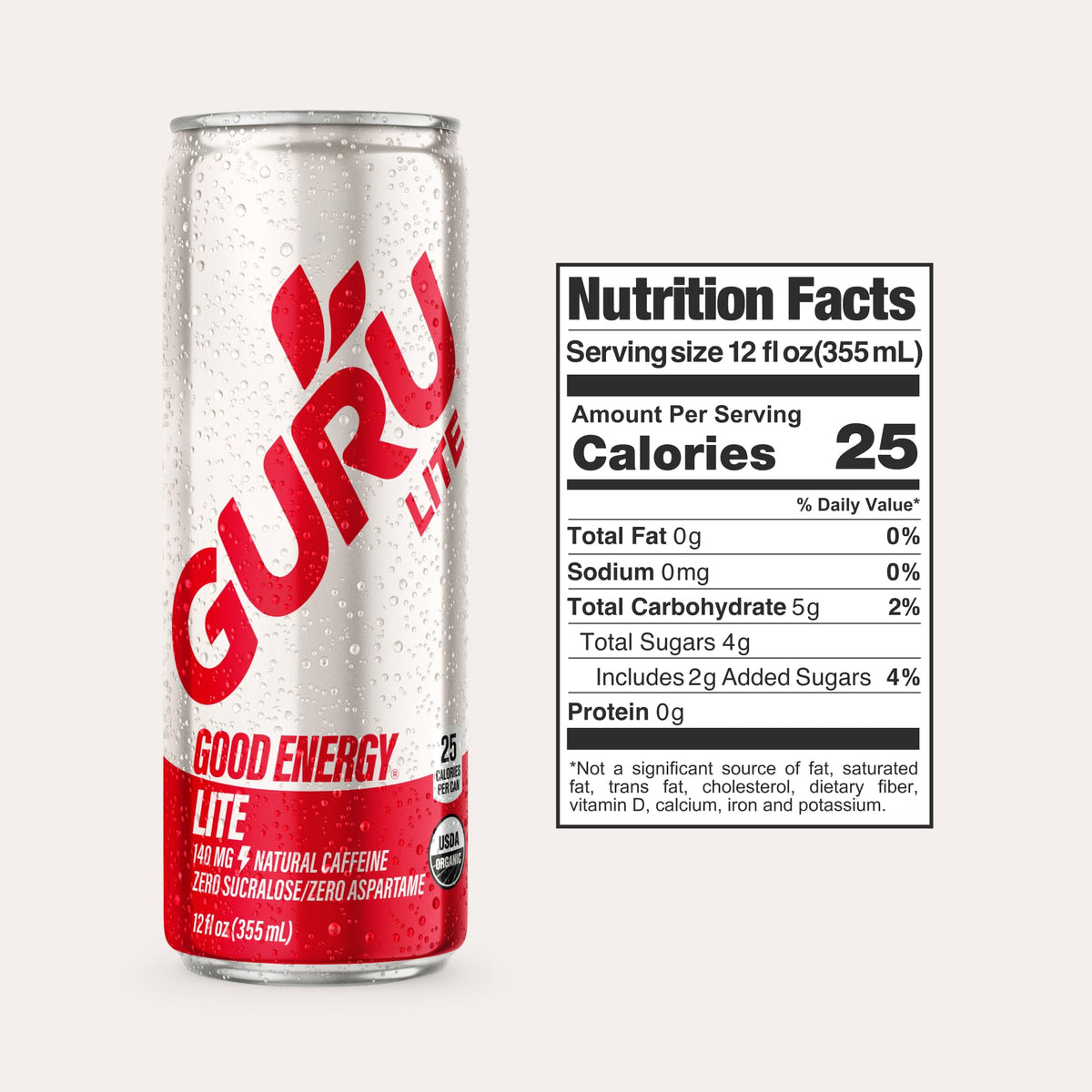 GURU Organic Energy Drink, Lite, Natural Caffeine, 12 Fl Oz, 24 Pack