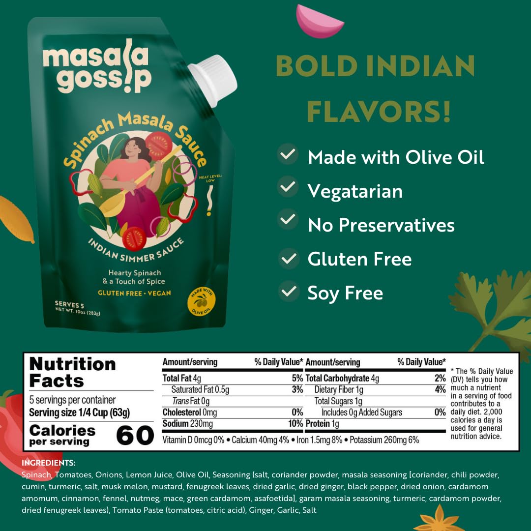 Masala Gossip Spinach Masala Simmer Sauce 10 oz - Authentic Indian Curry Sauce - Plant-Based, Gluten-Free, Seed Oil Free, No Artificial Preservatives