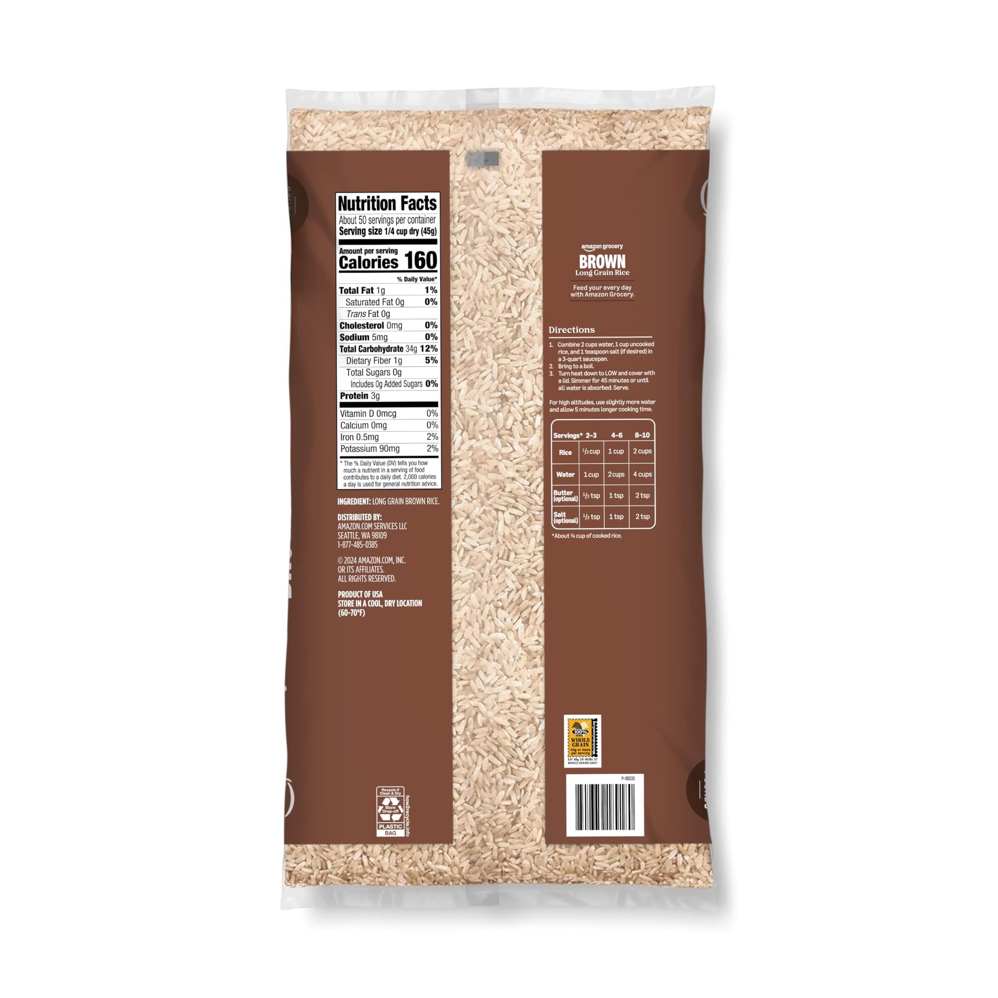Amazon Grocery, Brown Long Grain Rice, 5 Lb