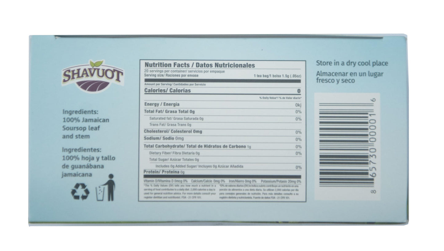 Shavuot Soursop Leaf Herbal Tea - 100% Natural, Caffeine-Free, 40 Tea Bags Total - Herbal Tea from Jamaica
