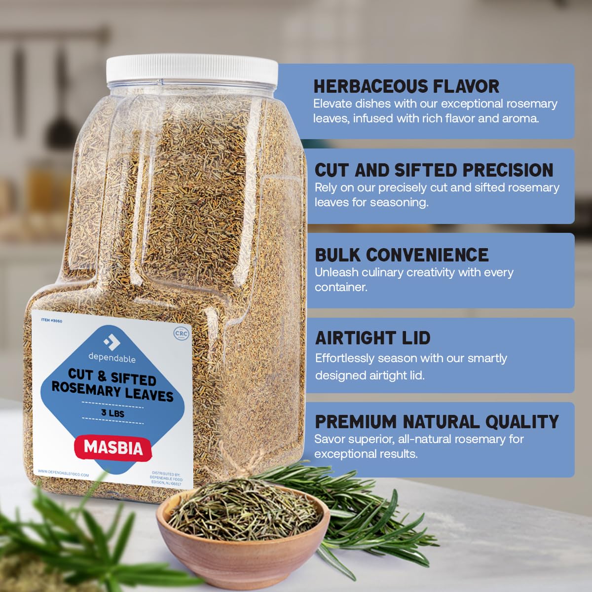 Dependable Food Rosemary Leaves Cut & Sifted - 3 Lb. Jar - Bulk, Kosher, Rosemary Herb for Chefs, Restaurants & Culinary Enthusiasts - Non-GMO