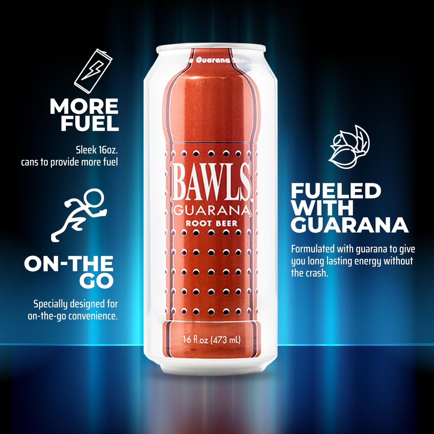 BAWLS Guarana Root Beer - Guarana Fueled Soda for Energy, High Caffeinated Drink, 16oz 24 Pack Cans