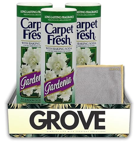 3x Carpet Fresh Gardenia Scent Carpet Odor Eliminator 14 oz Powder Bundle with Microfiber Cleaning Cloth - Eliminates Pet Odors, Provides Long-Lasting