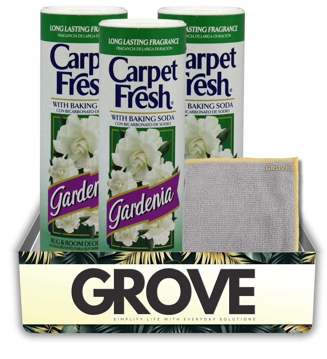3x Carpet Fresh Gardenia Scent Carpet Odor Eliminator 14 oz Powder Bundle with Microfiber Cleaning Cloth - Eliminates Pet Odors, Provides Long-Lasting