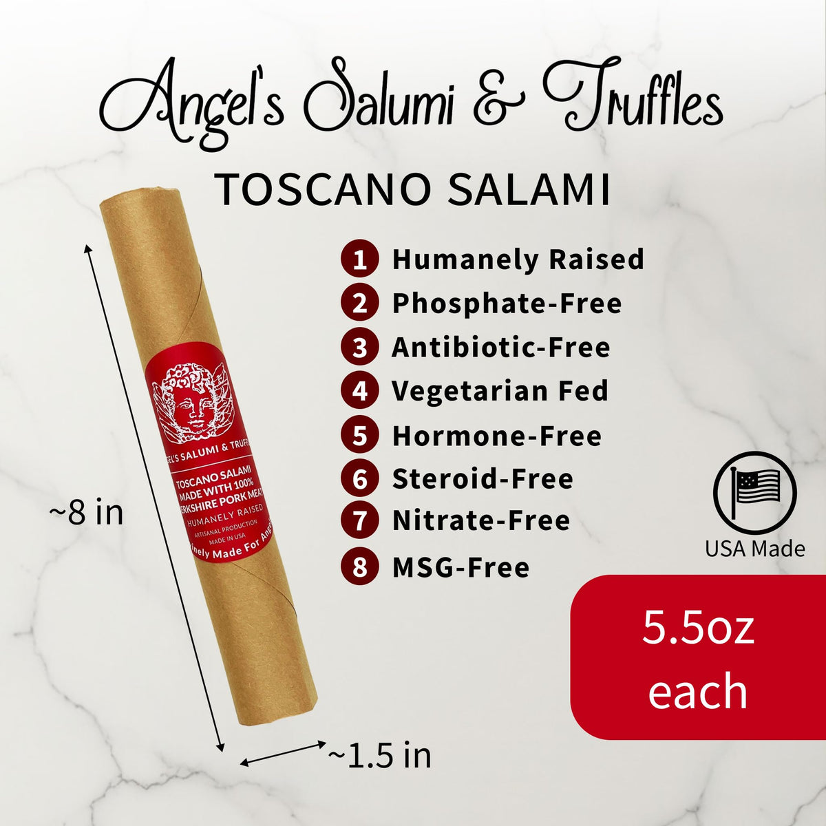 Angel's Salumi & Truffles Italian Toscano Salami - 5.5oz Gourmet Artisanal Charcuterie - Humanely Raised, Vegetarian Fed, Antibiotic, Hormone, MSG
