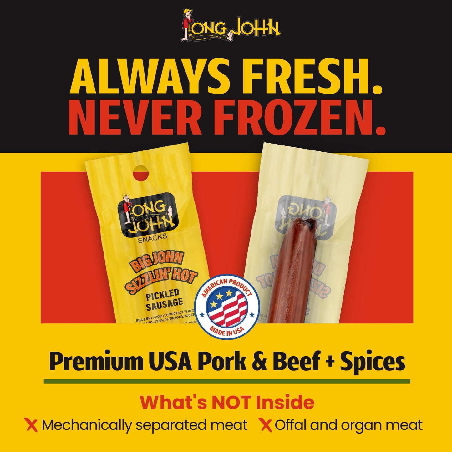 Long John Snacks Sizzlin' Hot Pickled Sausage - Smoked Gourmet Meat Stick - Hot Pickled Sausages High Protein Snack - Premium USA Pork and Beef Sticks