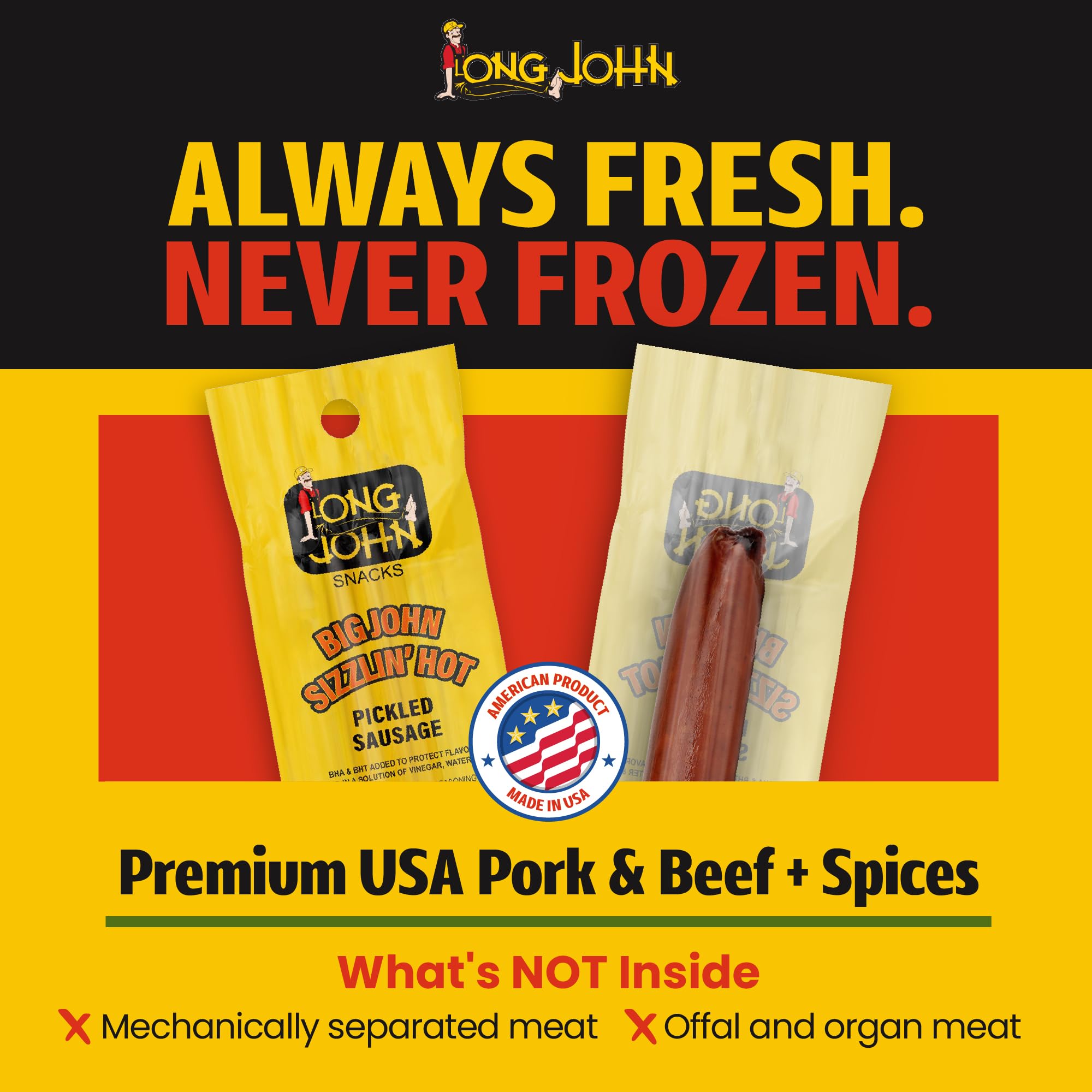 Long John Snacks Sizzlin' Hot Pickled Sausage - Smoked Gourmet Meat Stick - Hot Pickled Sausages High Protein Snack - Premium USA Pork and Beef Sticks