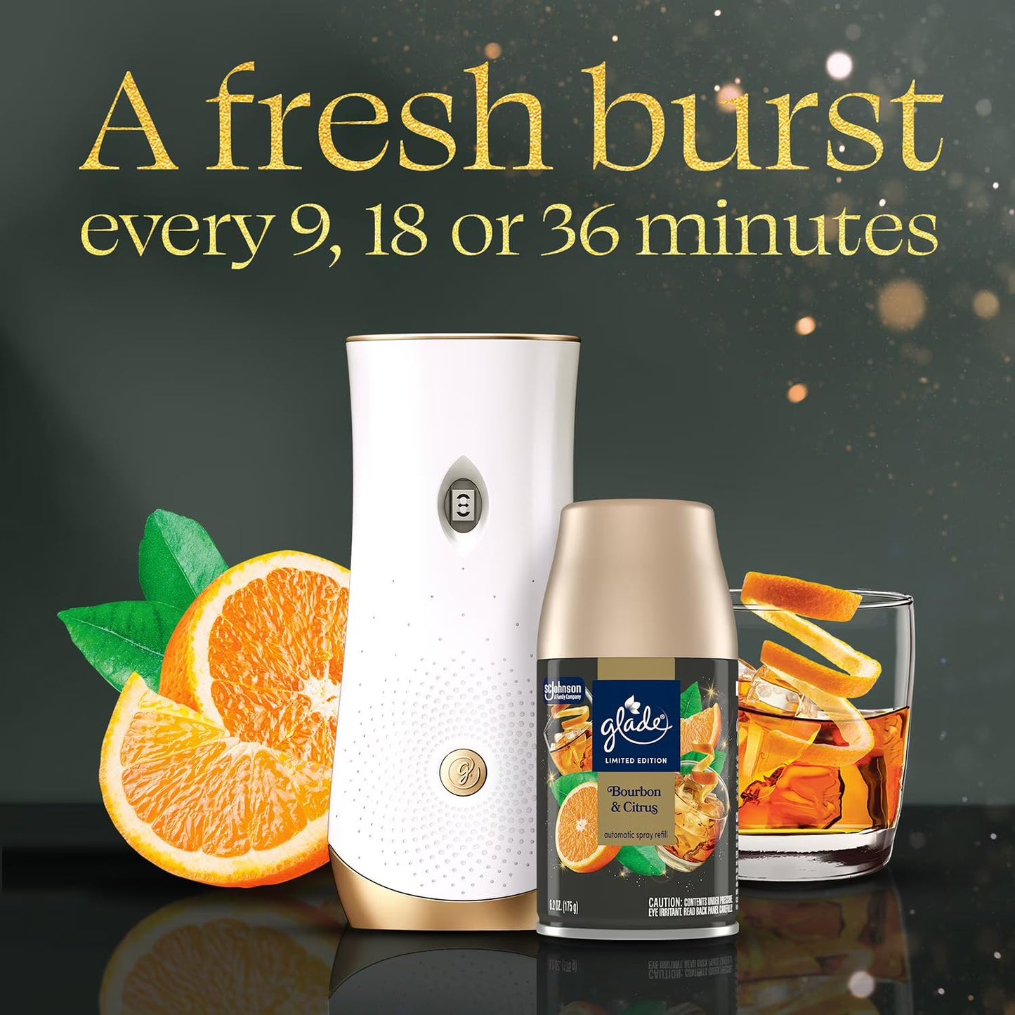 Glade Automatic Spray Starter Kit, Bourbon & Citrus Scent, 1 Holder + 3 Refills (6.2 oz Each), Adjustable Freshness