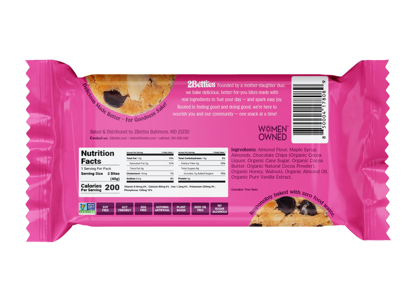 2Betties Chocolate Chip Cookie Snack Bites - Gluten Free Snacks Individually Wrapped, Non-GMO, No Seed Oils, Dairy Free - Almond Flour Cookies