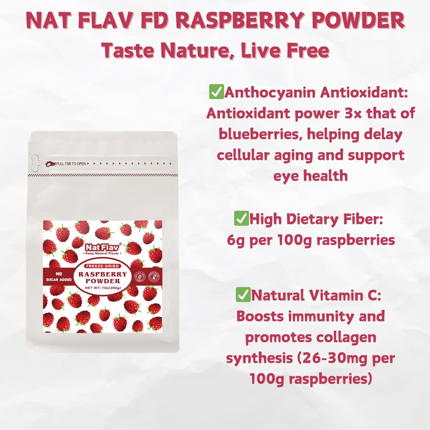 NAT FLAV Freeze Dried Raspberry Powder - 100% Natural, No Added Sugar, No Additives | 7oz | Vibrant Superfood for Smoothies, Baking & Natural Coloring