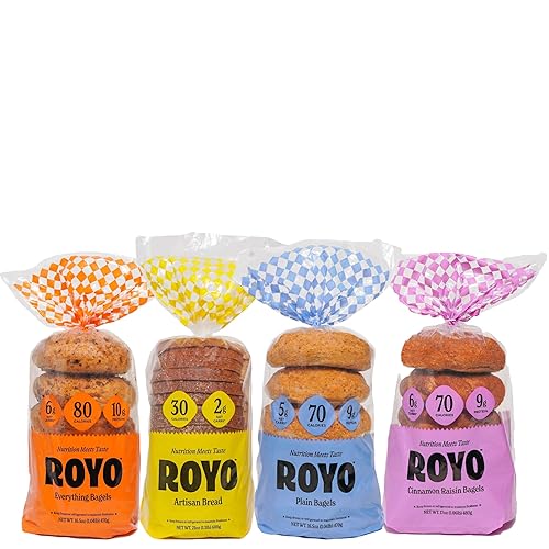 ROYO Classic Bagels, 70-80 Calories, 5-6G Net Carbs,10G Protein (Starter Pack 4 Variations- 1 Artisan bread, 1 Cinnamon, 1 Plain, and 1 Everything