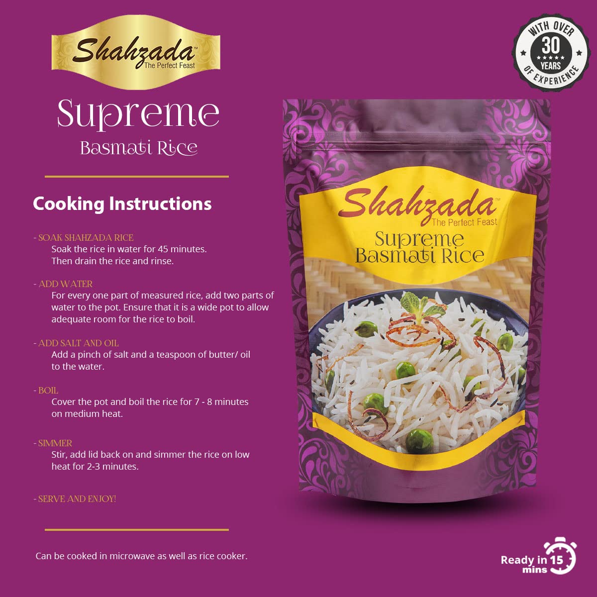 Shahzada Supreme Basmati Rice (02 Lbs.) - Extra Long Grain, Slender and Non-Sticky Grain for Ultimate Dining Experience, Non-GMO, Vegan, Gluten Free, Soy Free, No Cholesterol, Resealable Zip-Lock Bag - Extra Long Grain Basmati Rice 02 Pound Packing