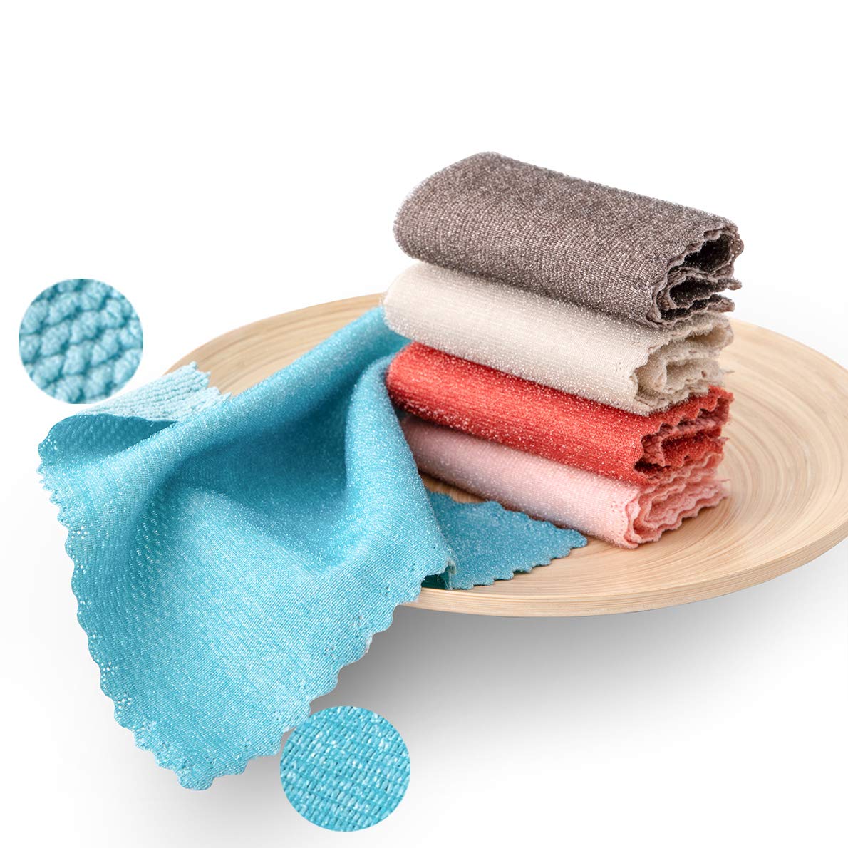 5 Pack Microfiber Kitchen Cloth Dish Towels, Premium Dishcloths, Washing Dishes, Dish Rags Cleaning Cloths with Scrub Side and Poly Scour Side 5 Color