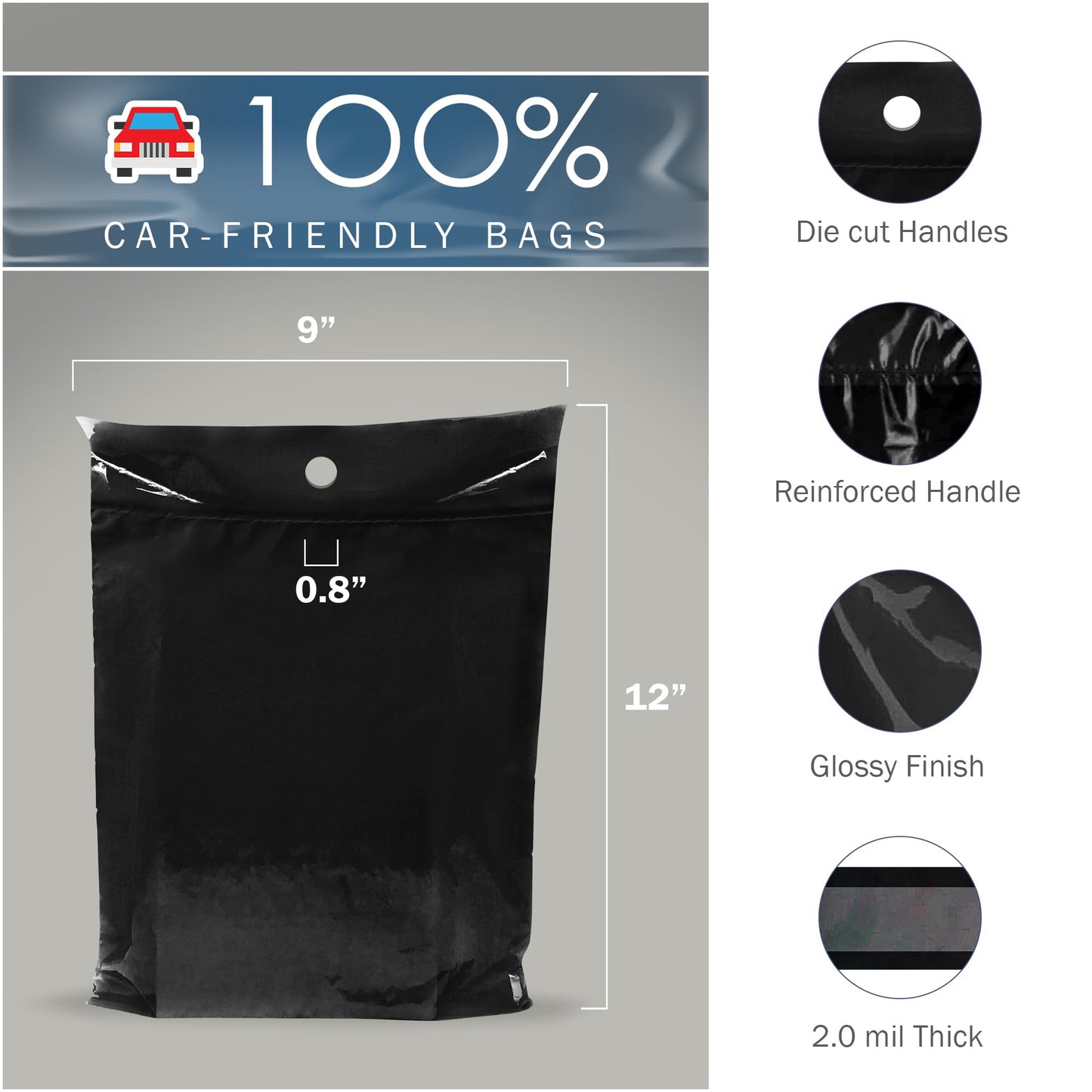 9x12 Black Disposable Car Trash Bags, Leak-proof, Small Size, 50 Pack, 2 Mil Thick, with Die-Cut Handles by PPB