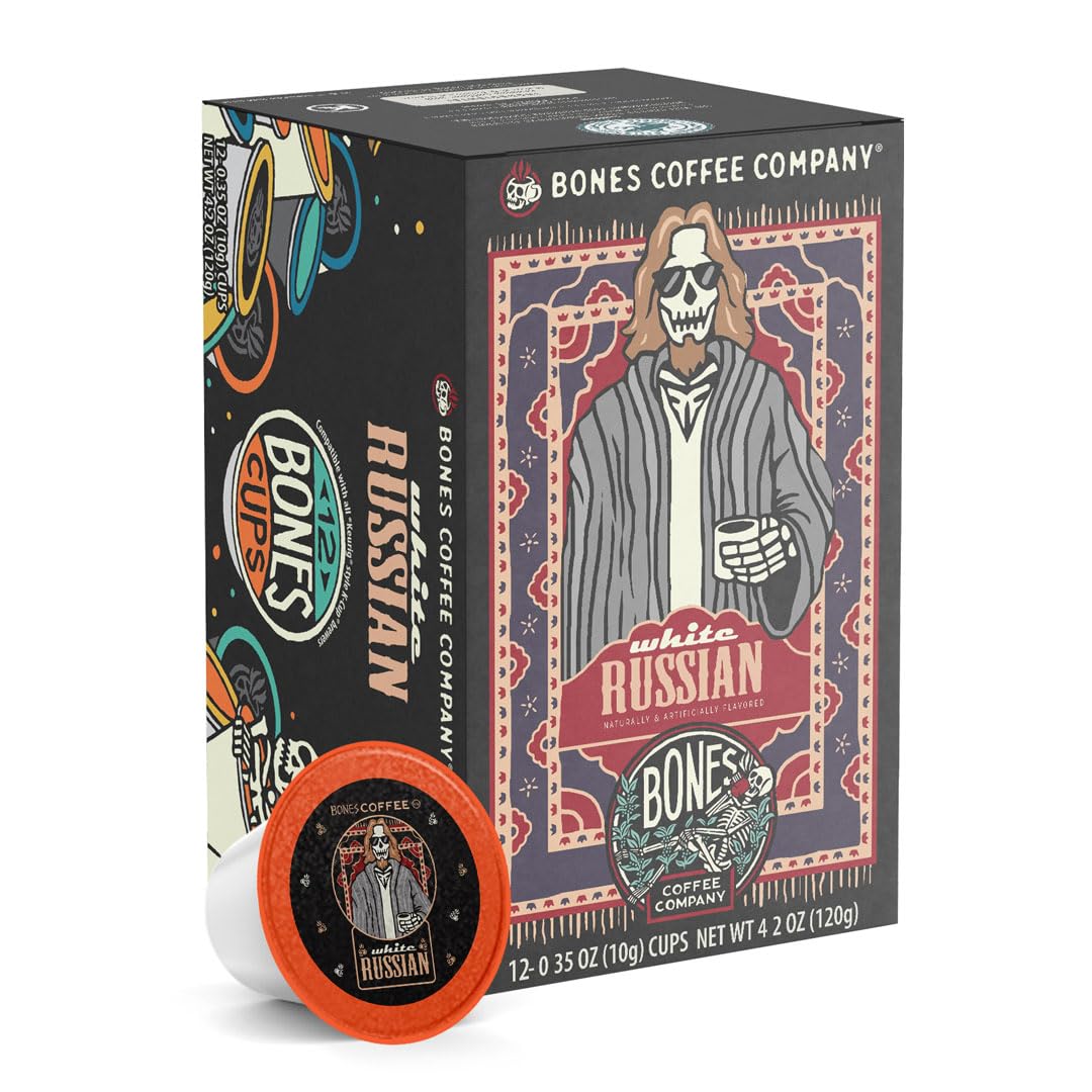 Bones Coffee Company Flavored Coffee Bones Cups White Russian Flavored Pods | 12ct Single-Serve Coffee Pods Compatible with Keurig 1.0 & 2.0 Keurig