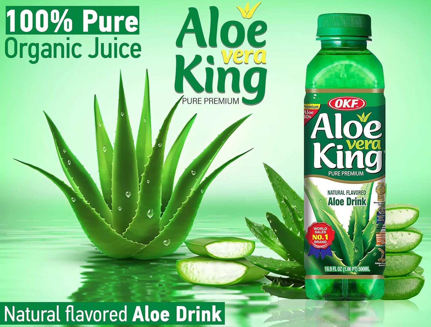 OKF Aloe Vera King Drink, Flavors includes Coco, Original, Grape, Mango, Pineapple, Watermelon, Pomegranate, Gold Kiwi, Peach, and Strawberry (10