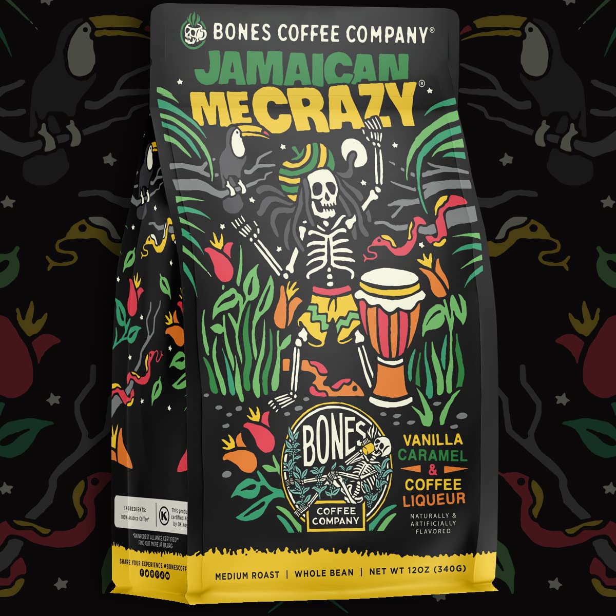 Bones Coffee Company Jamaican Me Crazy, Vanilla Caramel Flavored Coffee, Medium Roast Low Acid Arabica Beans Compatible with Auto drip and French
