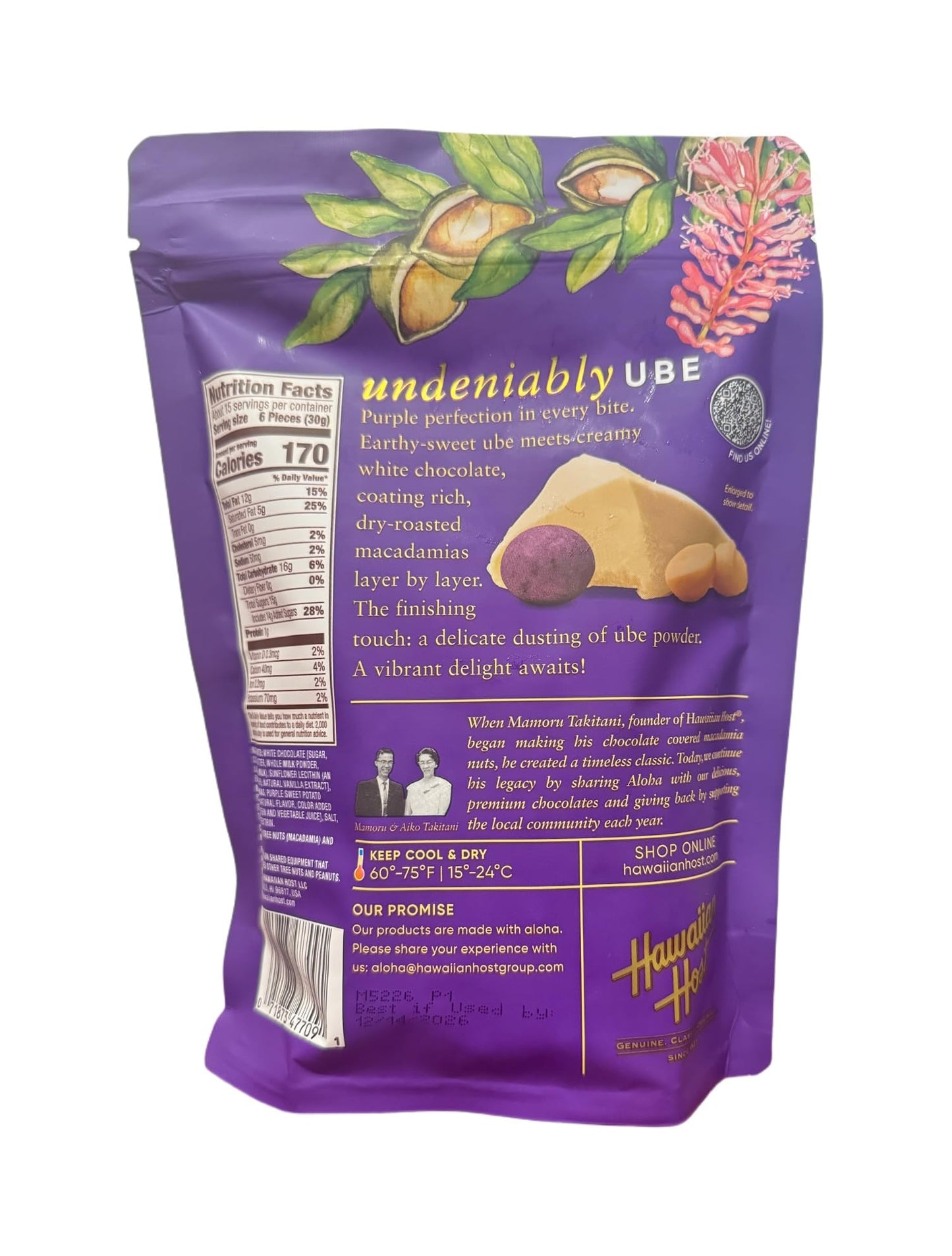 Hawaiian Host Ube White Chocolate Macadamia Nuts, Creamy White Chocolate with Ube Powder, Premium Hawaiian Candy, Resealable 16 oz Bag