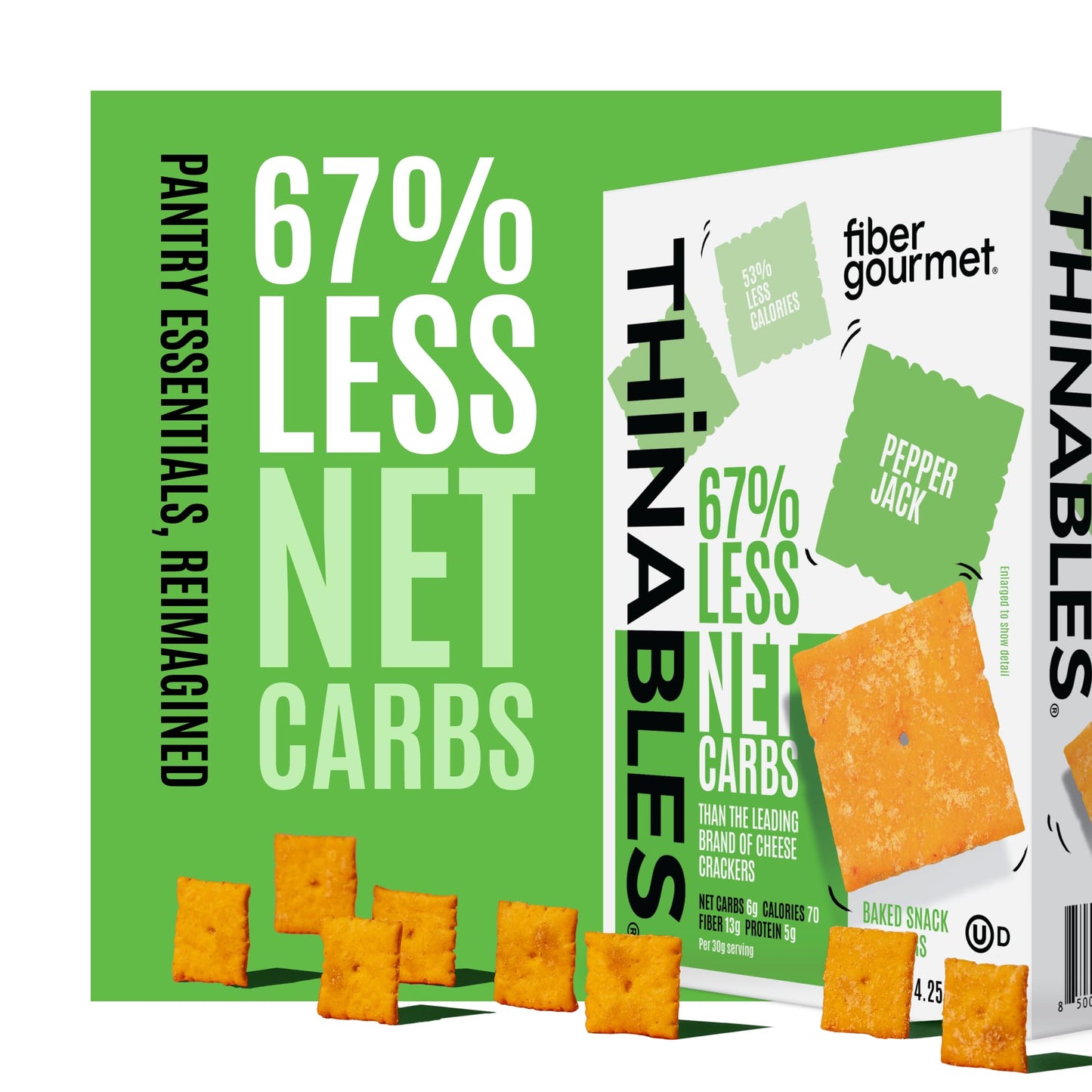 Fiber Gourmet Pepper Jack Thinables Baked Cheese Crackers - Healthy Keto Crackers with 13g Fiber, 5g Protein, 70 Calories, 6g Net Carbs - Kosher Made