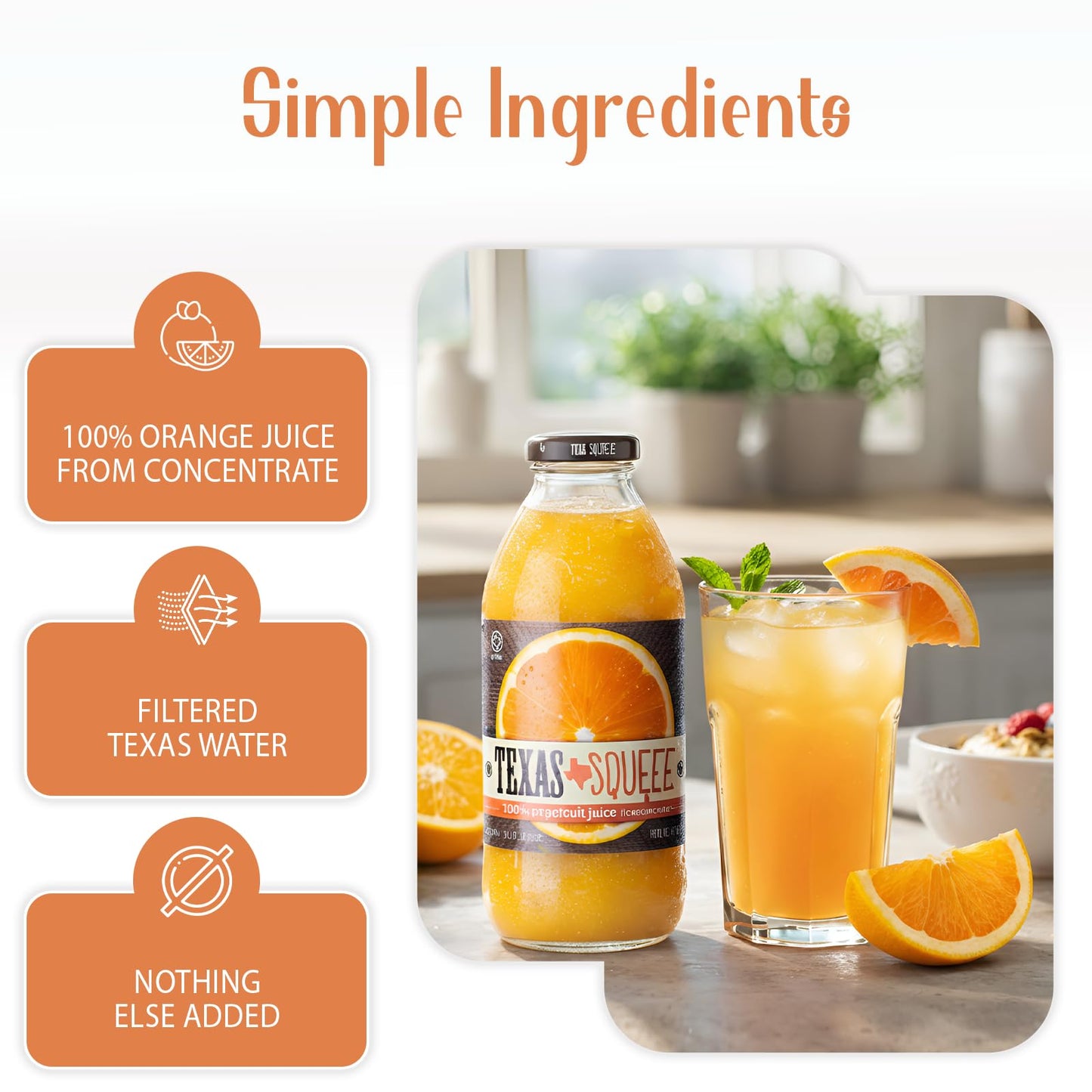 Texas Squeeze Orange Juice, NON GMO Verified, Texas Grown and Bottled, Orange Juice from Concentrate, No Sugar Added, No Preservatives, 16 fl oz, Pack