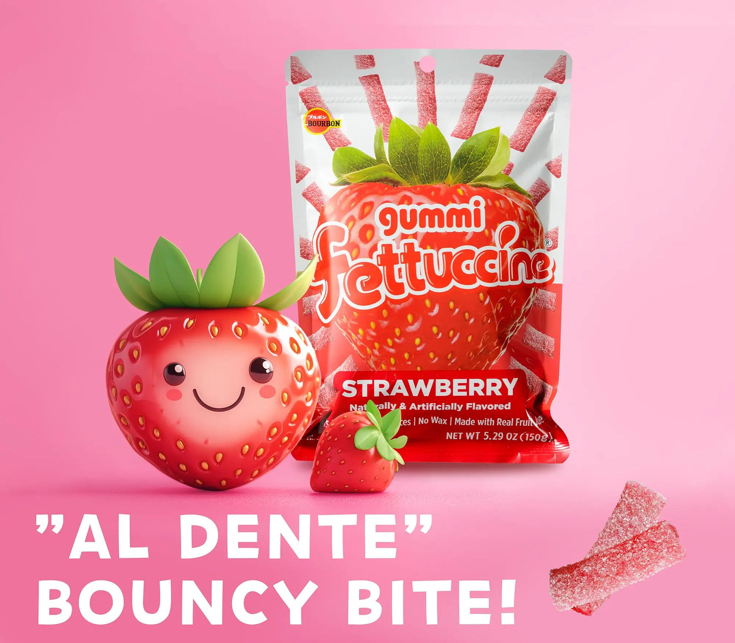 Bourbon Fettuccine Gummi Strawberry 6 -Pack - Japanese Tangy & Chewy Gummy Strips with Real Fruit Juice Share Size (5.29 OZ)