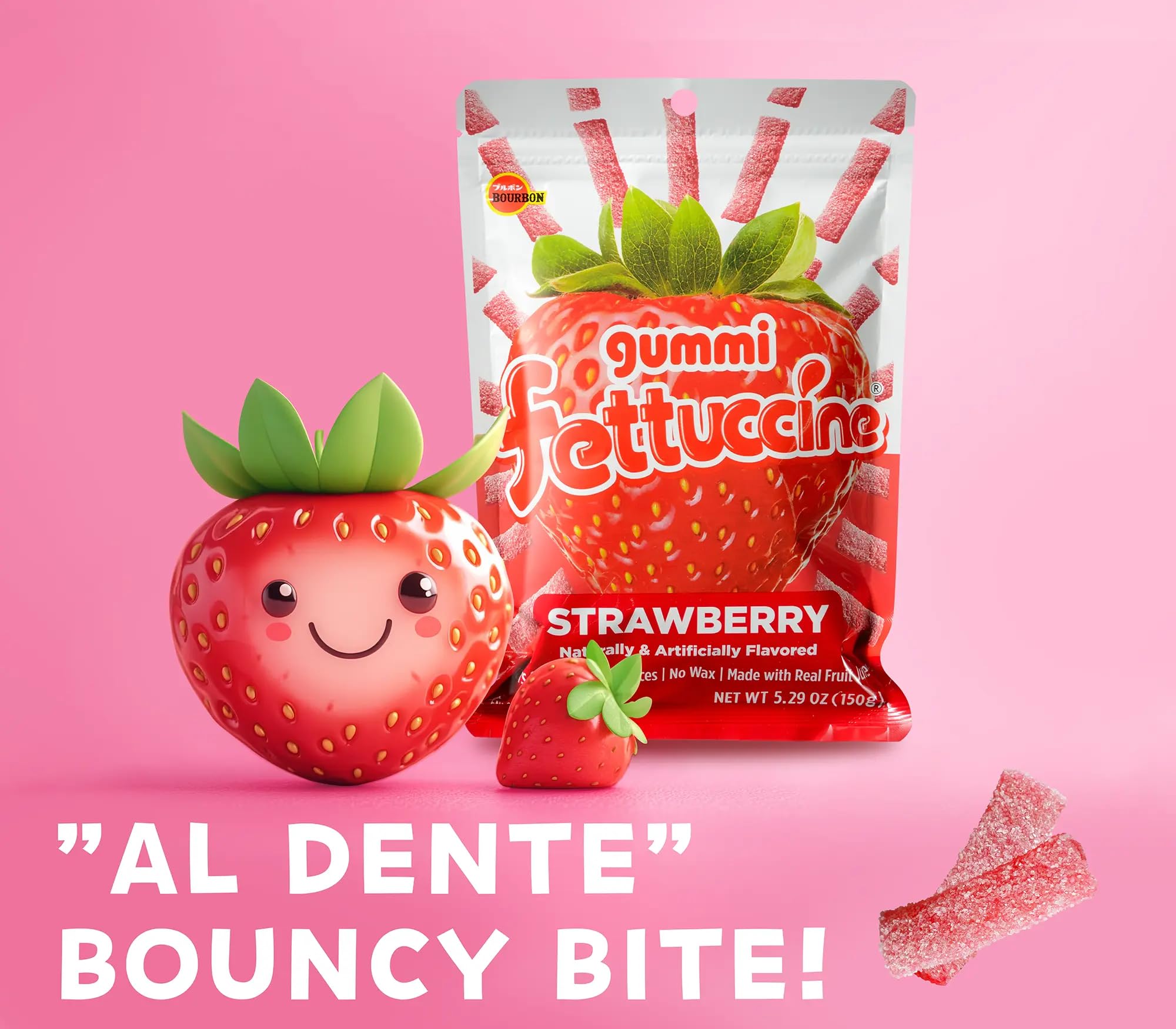 Bourbon Fettuccine Gummi Strawberry 6 -Pack - Japanese Tangy & Chewy Gummy Strips with Real Fruit Juice Share Size (5.29 OZ)