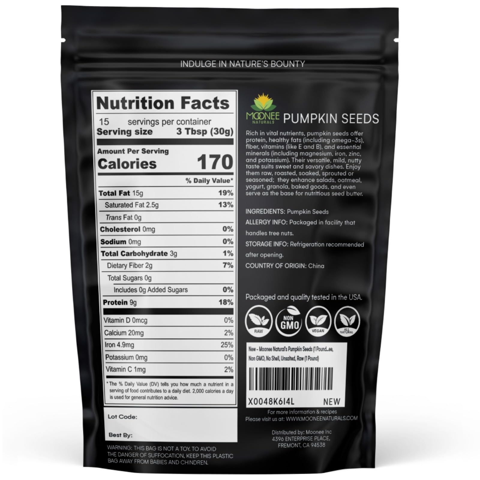 Moonee Natural's Pumpkin Seeds (1 Pound), Gluten Free, Non GMO, No Shell, Unsalted, Raw (1 Pound)
