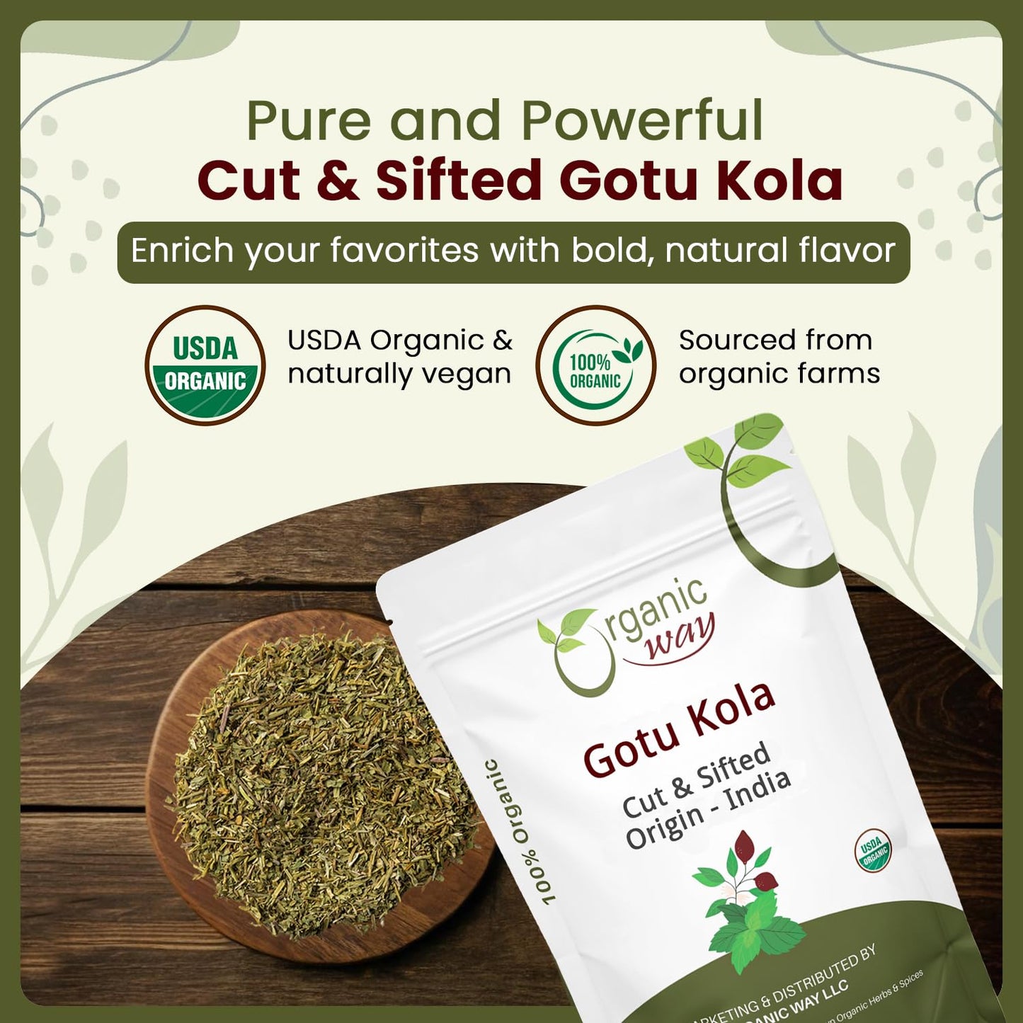 Organic Way Dried Gotu Kola Cut & Sifted (Centella asiatica) - Kosher & USDA Certified | Vegan, Non-GMO & Gluten Free | Tested for Heavy Metal