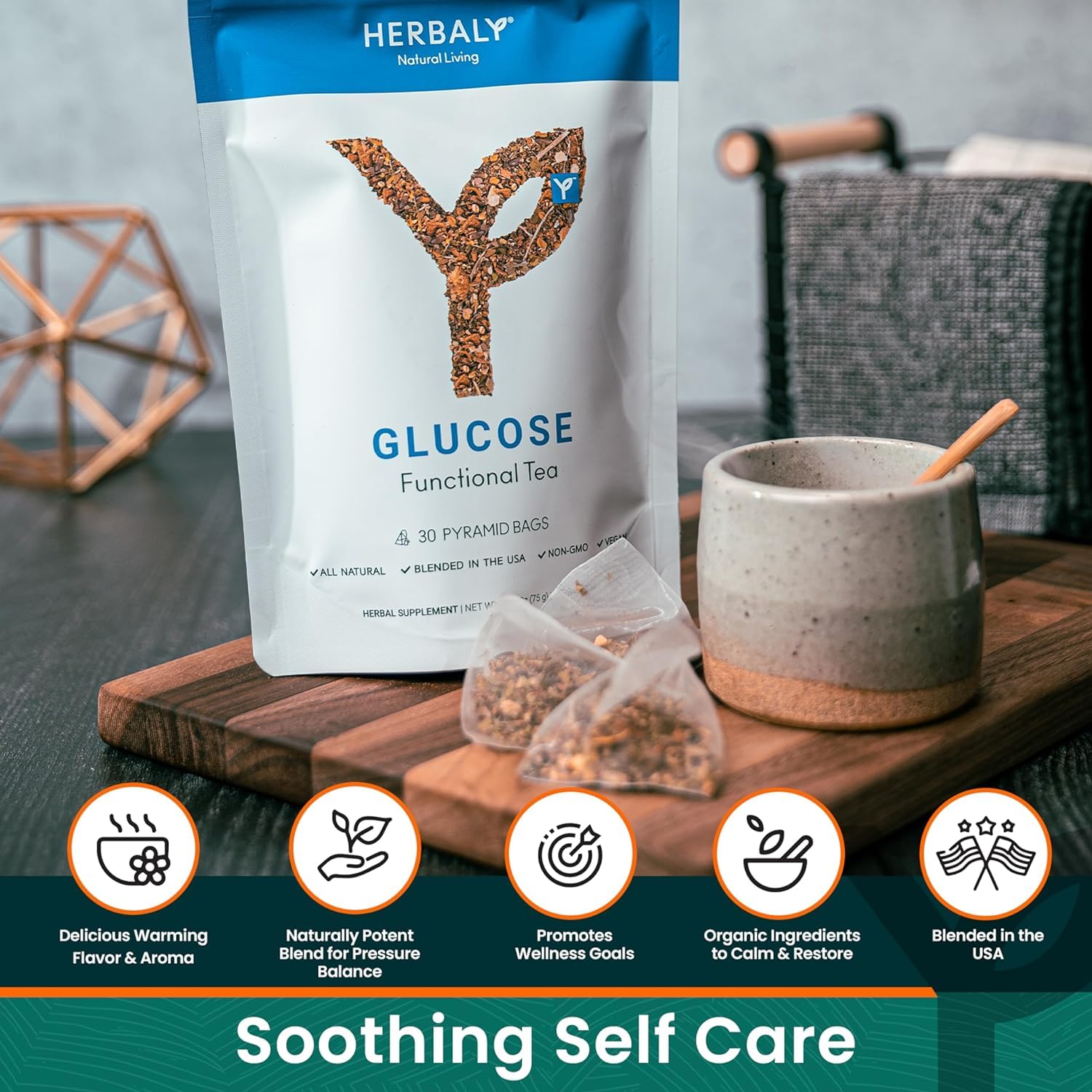 Herbaly Glucose Functional Tea - Vitality & Wellness - Gymnema Sylvestre, Ceylon Cinnamon, Bitter Melon, Dandelion Root, Fenugreek - Daily Teas