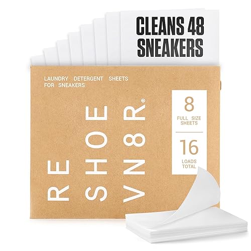 RESHOEVN8R Shoe Wash Detergent Sneaker Laundry Sheets - 16 Loads, Cleans 48 Shoes - Eco-Friendly Shoe Cleaner for Washer - Safe on All Shoes, Laces