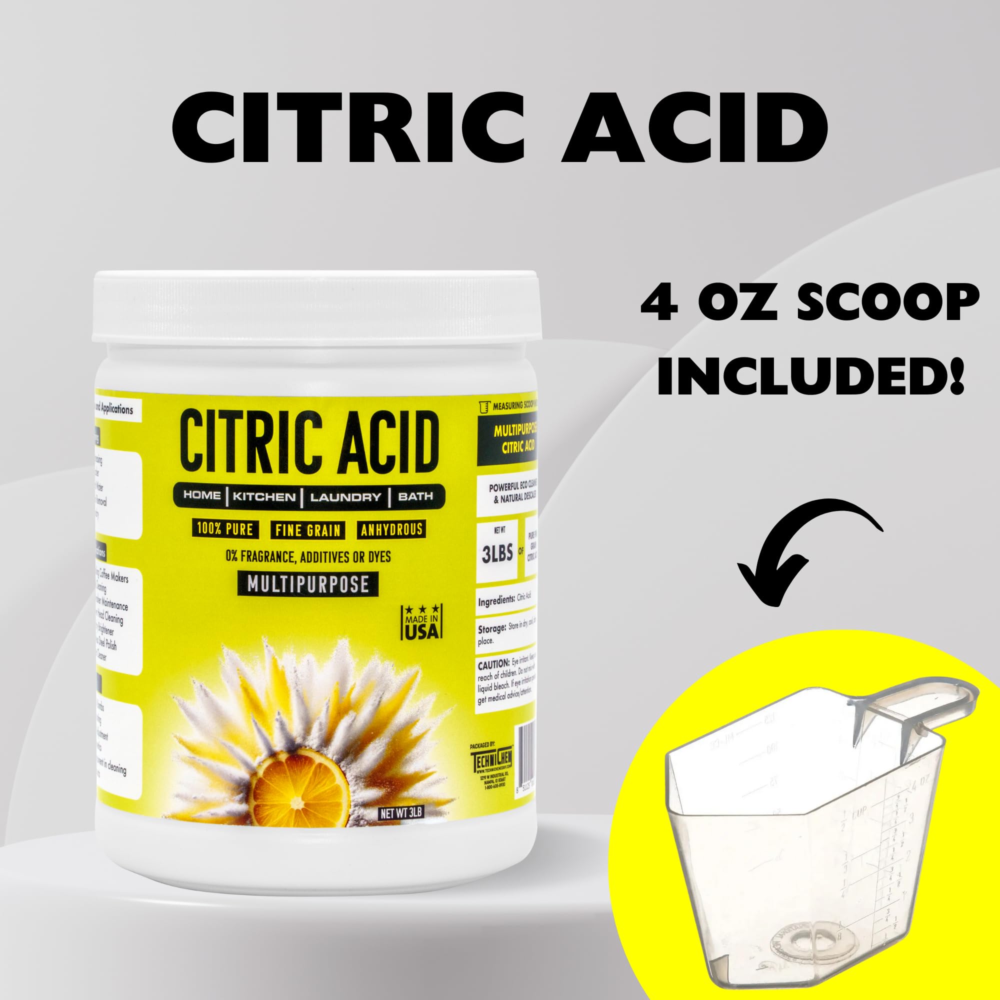 TECHNICHEM Citric Acid 3 lbs | 100% Pure, Anhydrous, Fine Granular, Multipurpose Citric Acid Powder for Cleaning and DIY Bath Bombs | Premium Quality