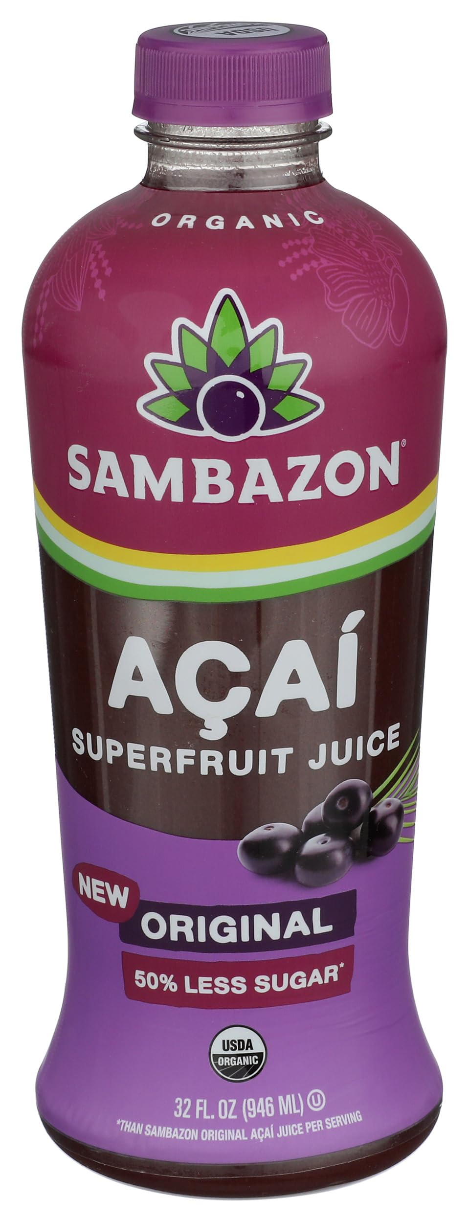 Sambazon Organic 50% Less Sugar Acai Superfruit Juice, 32 FZ