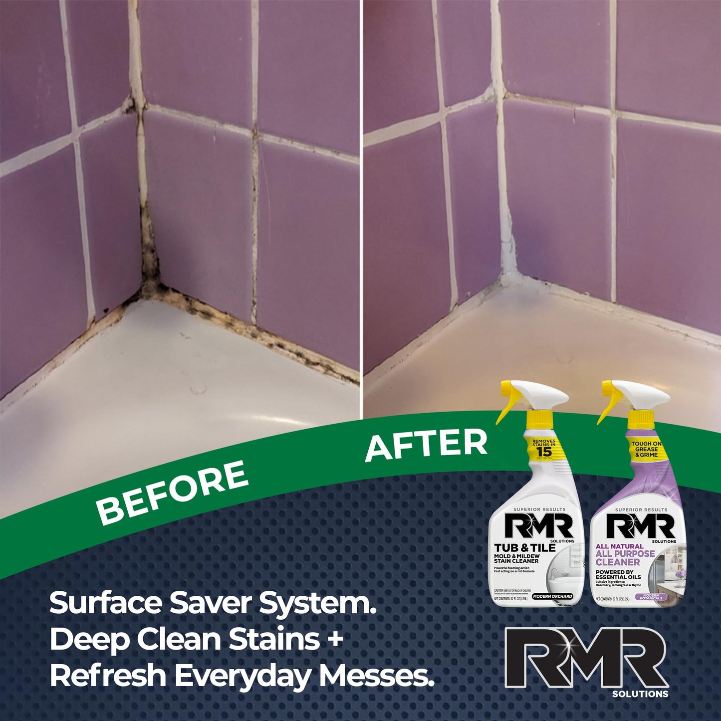 RMR Surface Saver System - Tub & Tile Stain Remover + All Natural All Purpose Cleaner, 2-Step Bathroom & Surface Cleaning Bundle for Tile, Grout