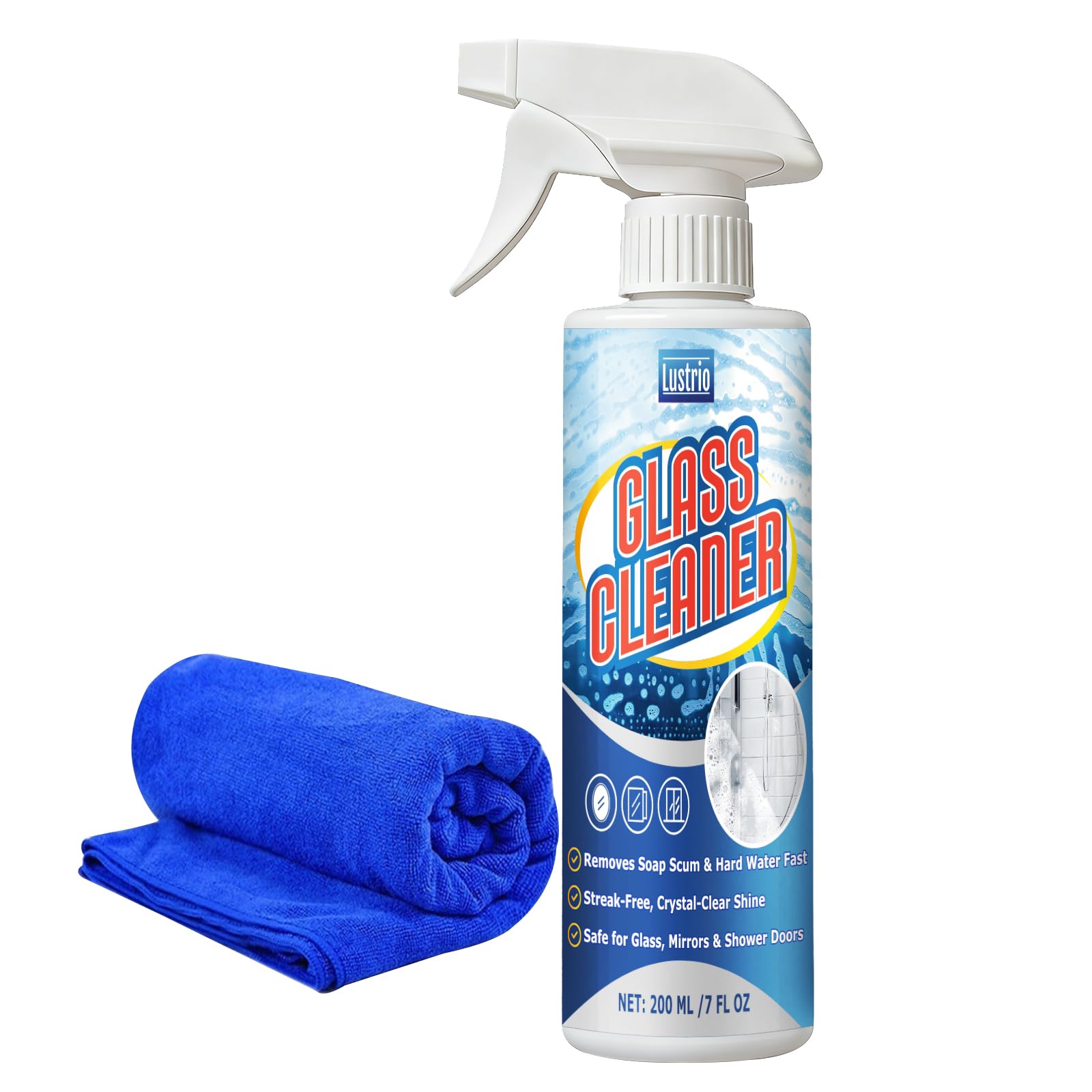 LUSTRIO Instant Shine Bathroom Glass Cleaner with Microfiber Towel - Removes Hard Water Limescale & Soap Scum on Shower Doors, Tiles & Mirrors