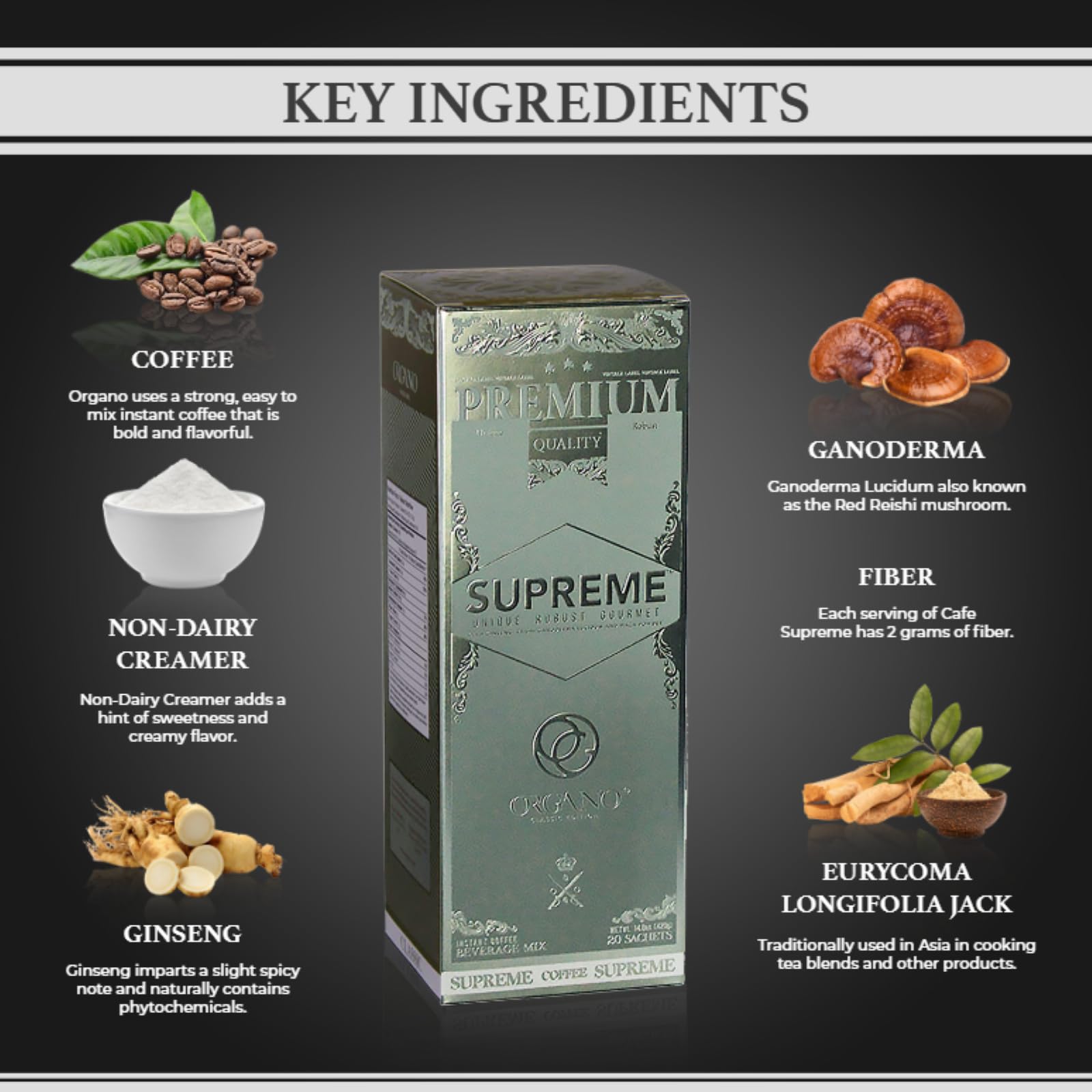 4 Boxes ORGANO Café Supreme, 100% Ganoderma Lucidum with Ginseng (80 Sachets)