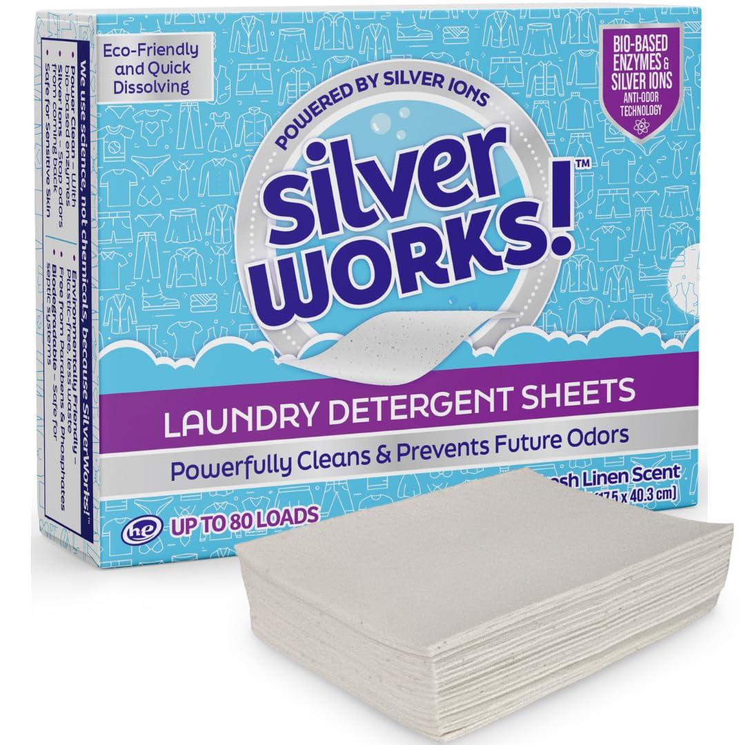 SilverWorks! Premium Dissolvable Laundry Detergent Sheets, Silver Ion Odor Elimination Technology, Powerfully Clean & Prevent Odors, Dissolves Fully