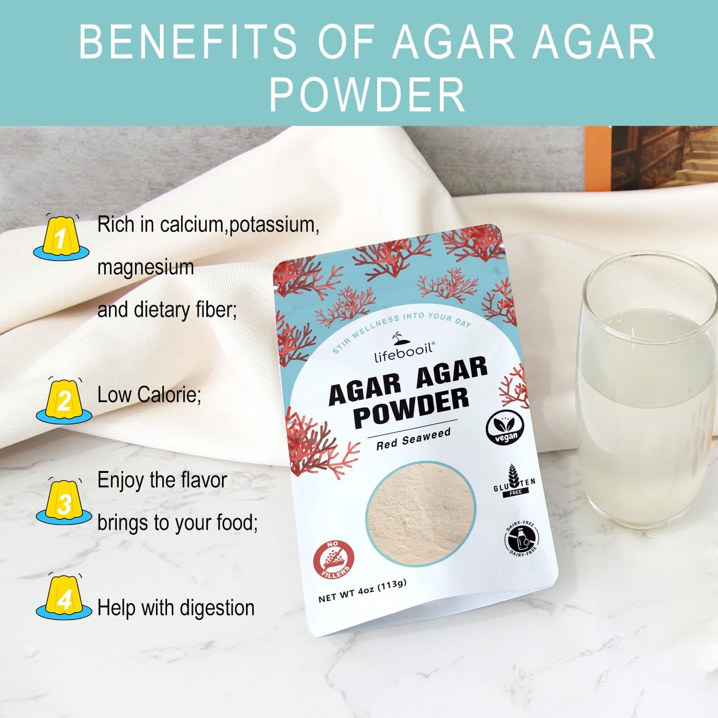 Agar Agar Powder, Vegan Unflavored Gelatin Substitute, Non-GMO, Gluten Free, No Additives and Preservatives, 4oz