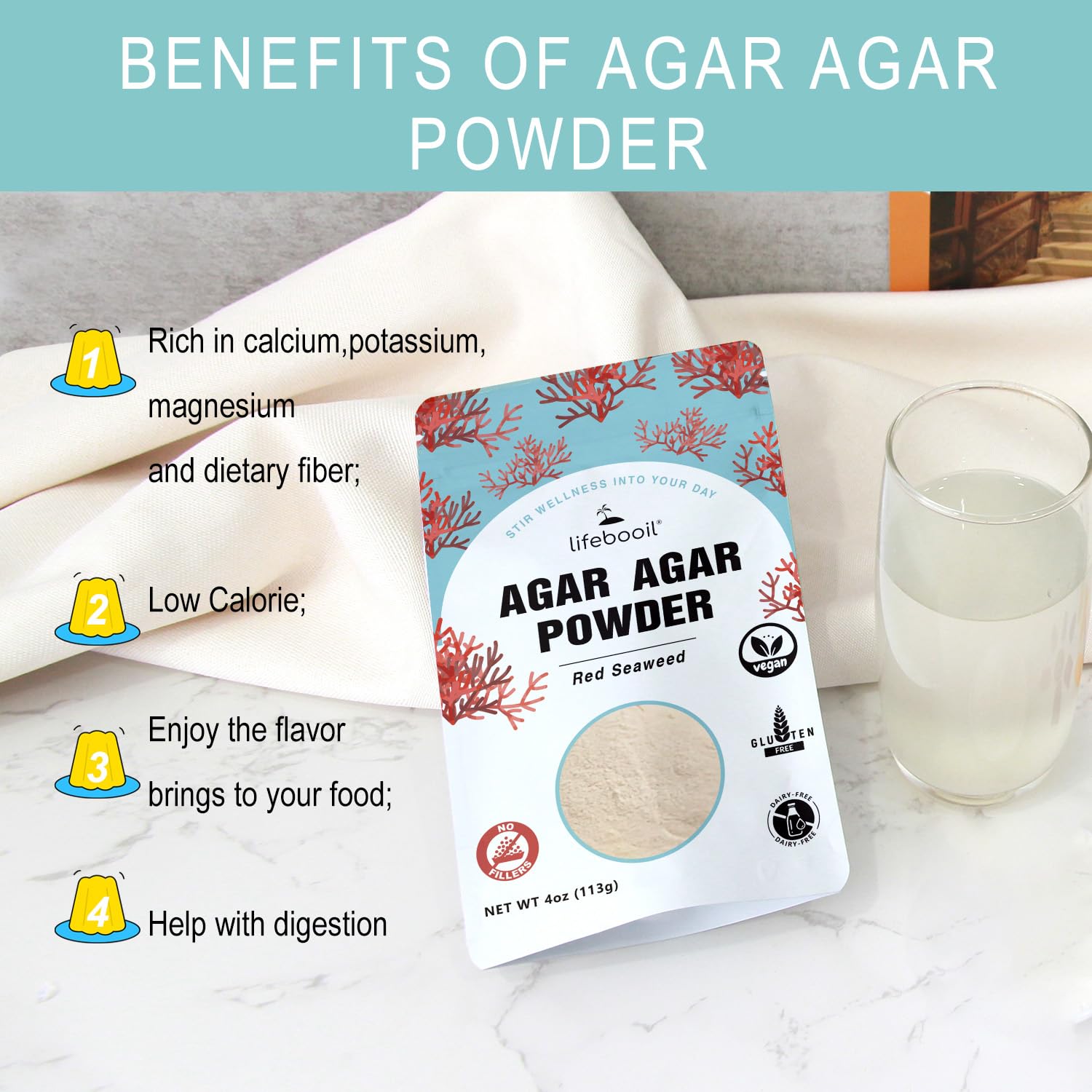 Agar Agar Powder, Vegan Unflavored Gelatin Substitute, Non-GMO, Gluten Free, No Additives and Preservatives, 4oz
