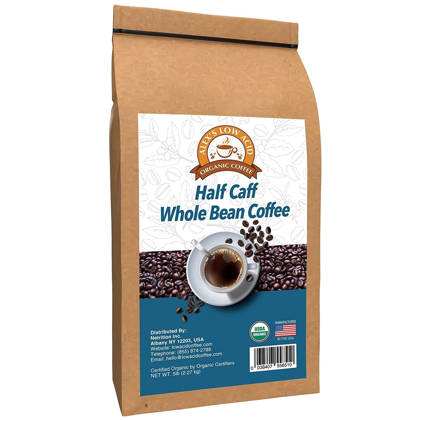 Alex's Low Acid Organic Coffee 5lb Bag - Half Caff Whole Bean