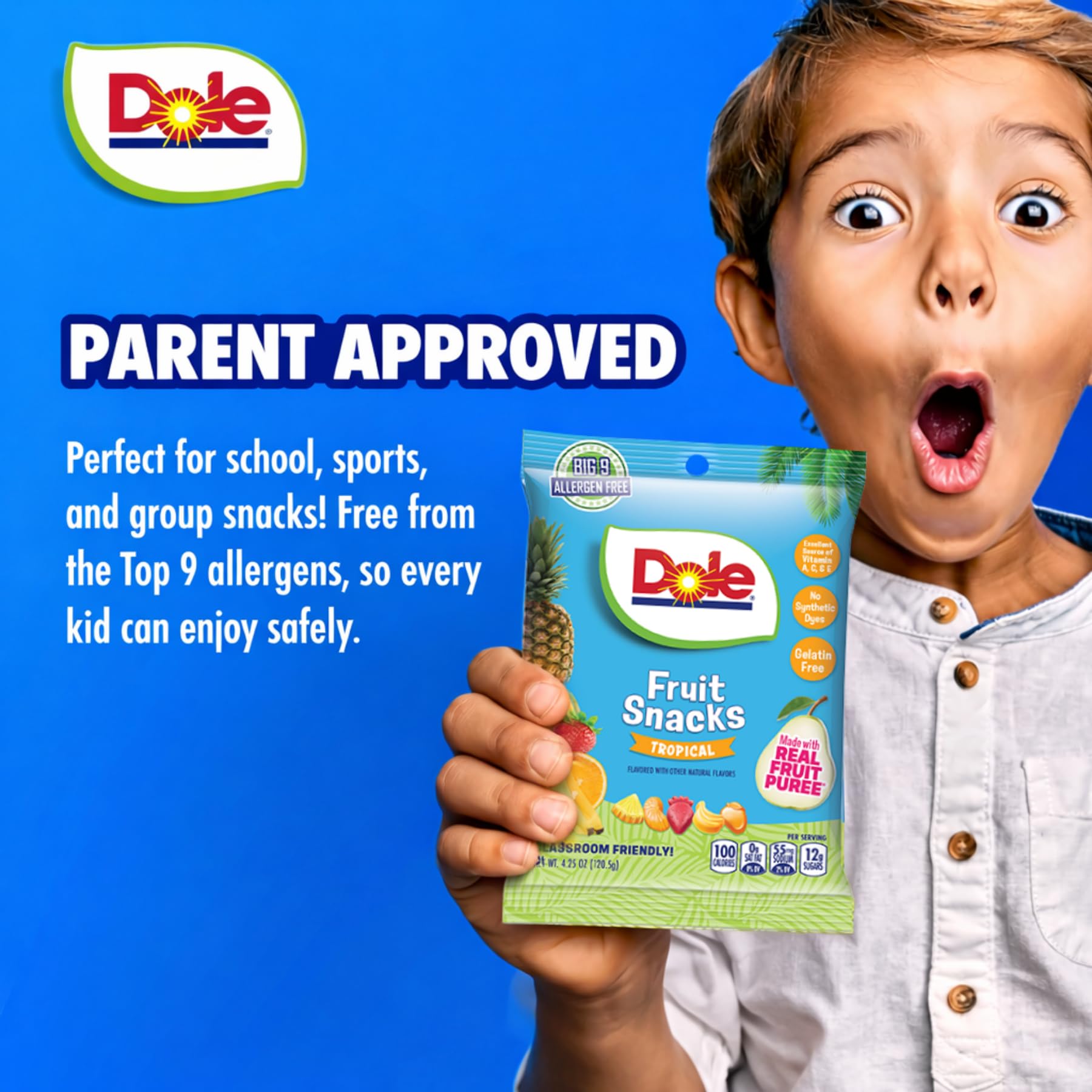 Dole Fruit Snacks, Tropical Flavors - Individually Wrapped Pouches - Classroom-Friendly, Top 9 Allergen Free, No Artificial Dyes, Natural Fruit Purée
