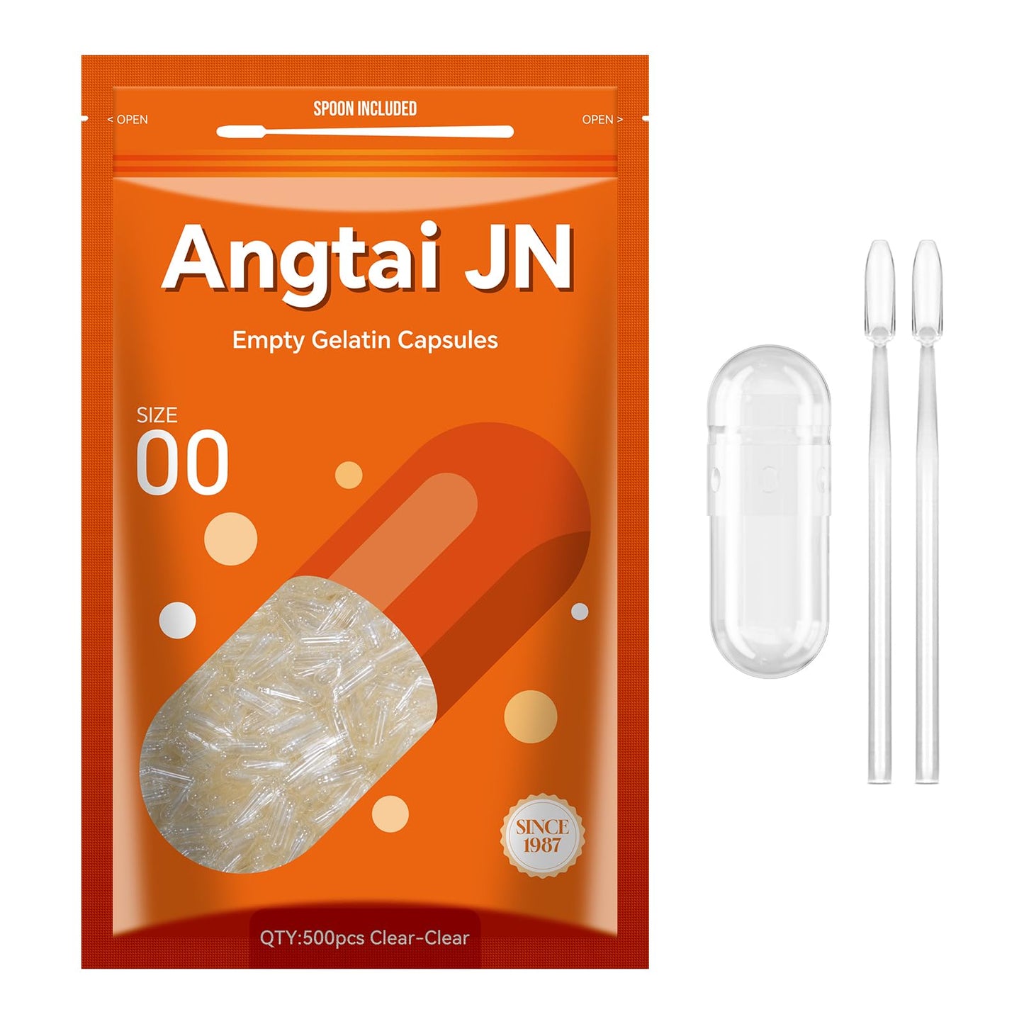 Angtai JN Gelatin Capsules Size 00 Empty Pill Gel Caps Pure Bovine Clear (500 Count) Gluten Free, Non-GMO, Halal Certified Filling Kit with 2 Spoons