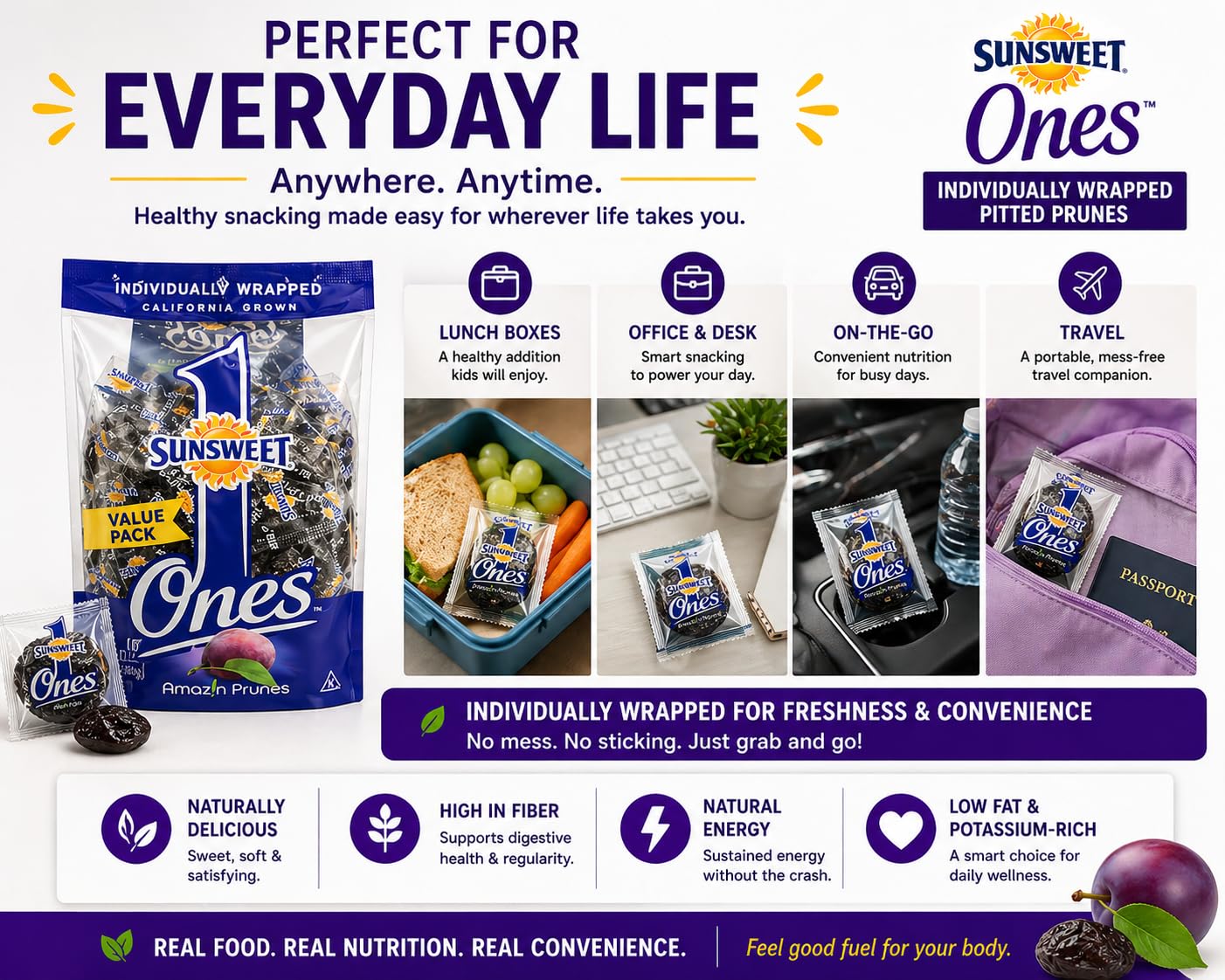 Sunsweet Ones Individual Pitted Prunes - 2 PACKS (12 oz each) of Individually Wrapped Dried Prunes PLUS Our Prune Recipe E-Book (Downloadable)