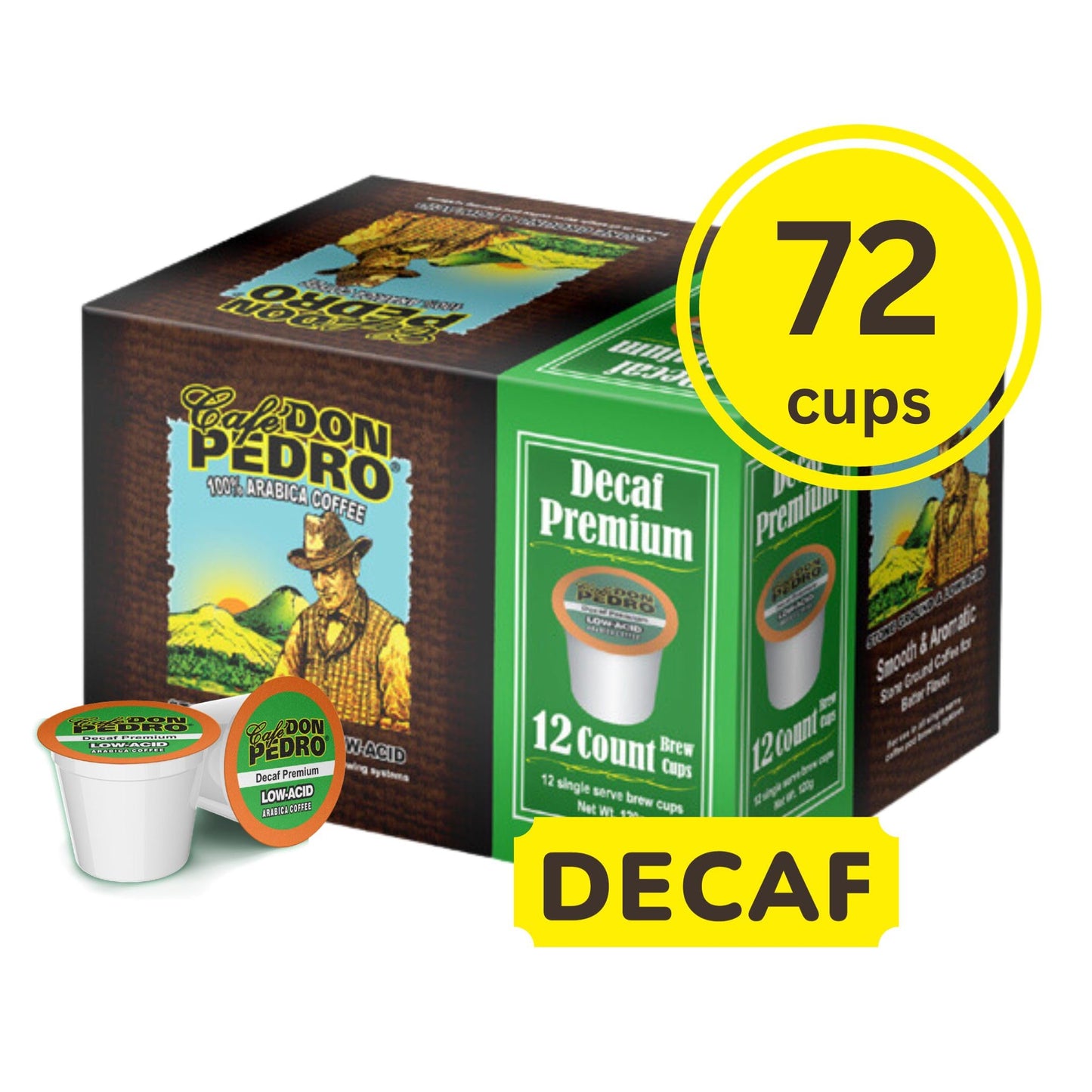 Cafe Don Pedro Decaf Premium Low Acid Coffee Pods For Keurig K-cup - Enjoy Tasty Coffee For Sensitive Stomach - 12 Low Acid Coffee K cups 100%