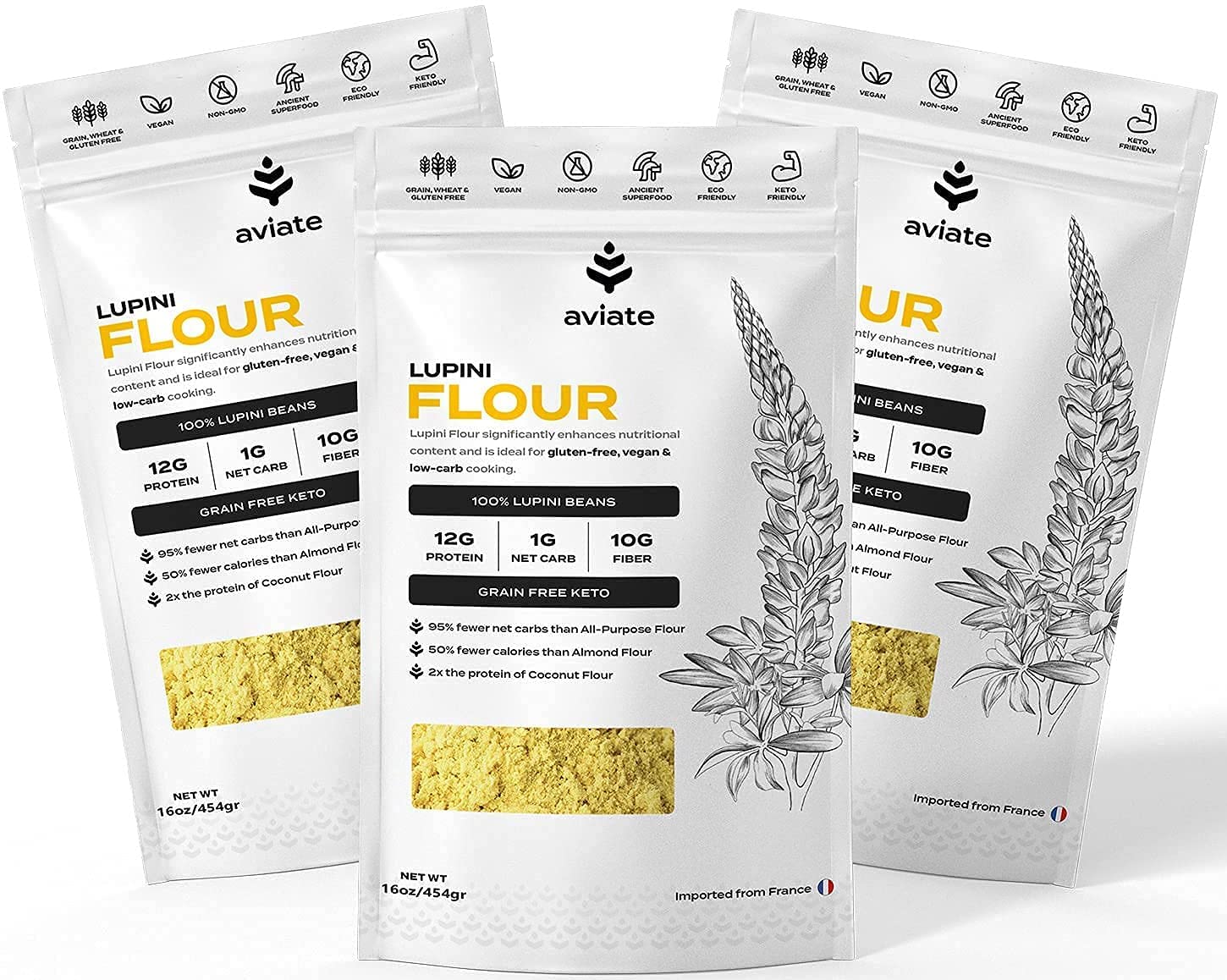 Aviate Lupini FLOUR - Keto & Vegan Friendly Superfood - Non-GMO, Gluten Free, Lupin Flour Keto, High Protein, Low Calorie & Low Carb - Rich in Dietary